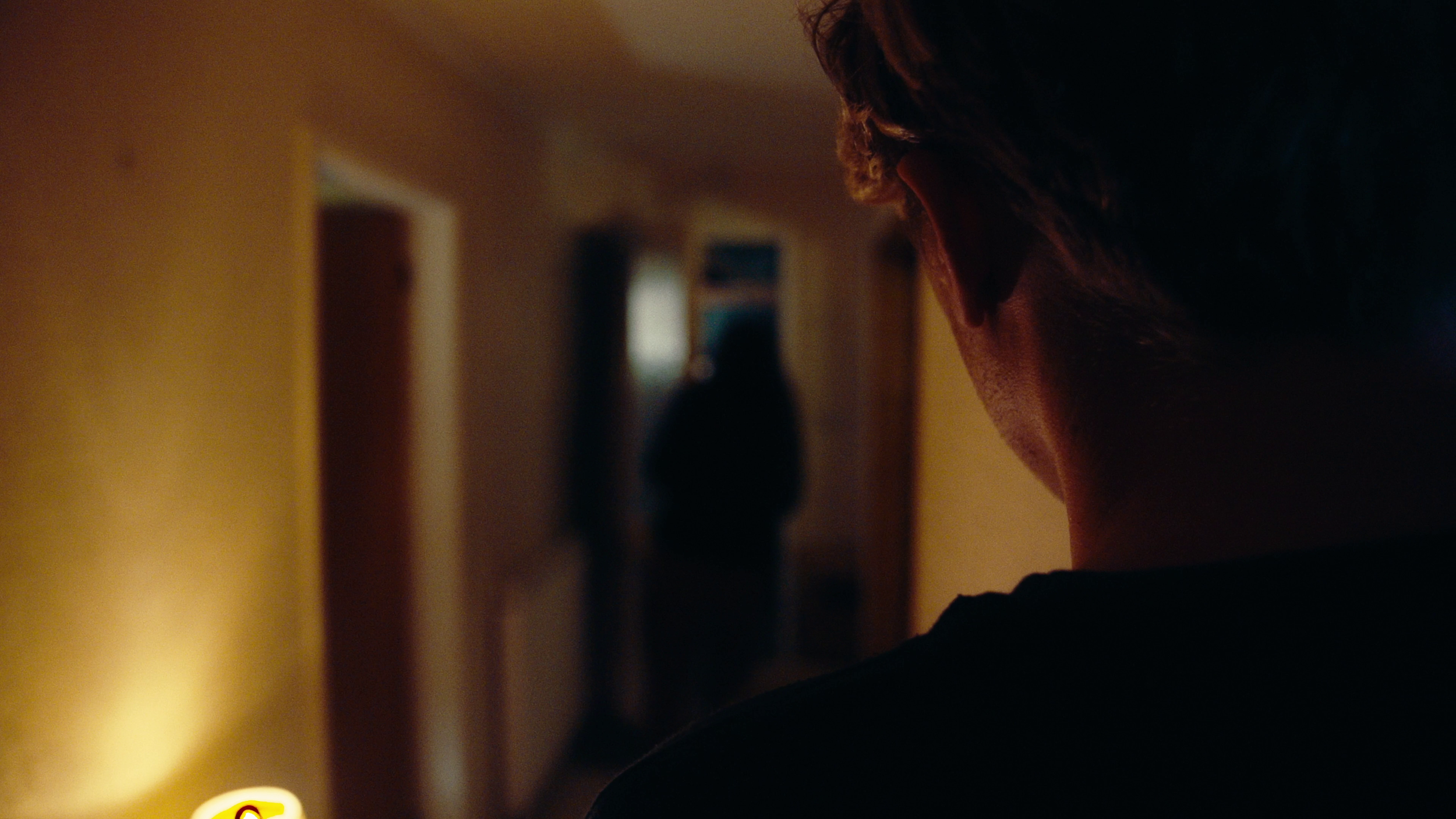 A person with short hair is in a dimly lit hallway, facing away and looking towards a blurred figure at the end of the corridor.