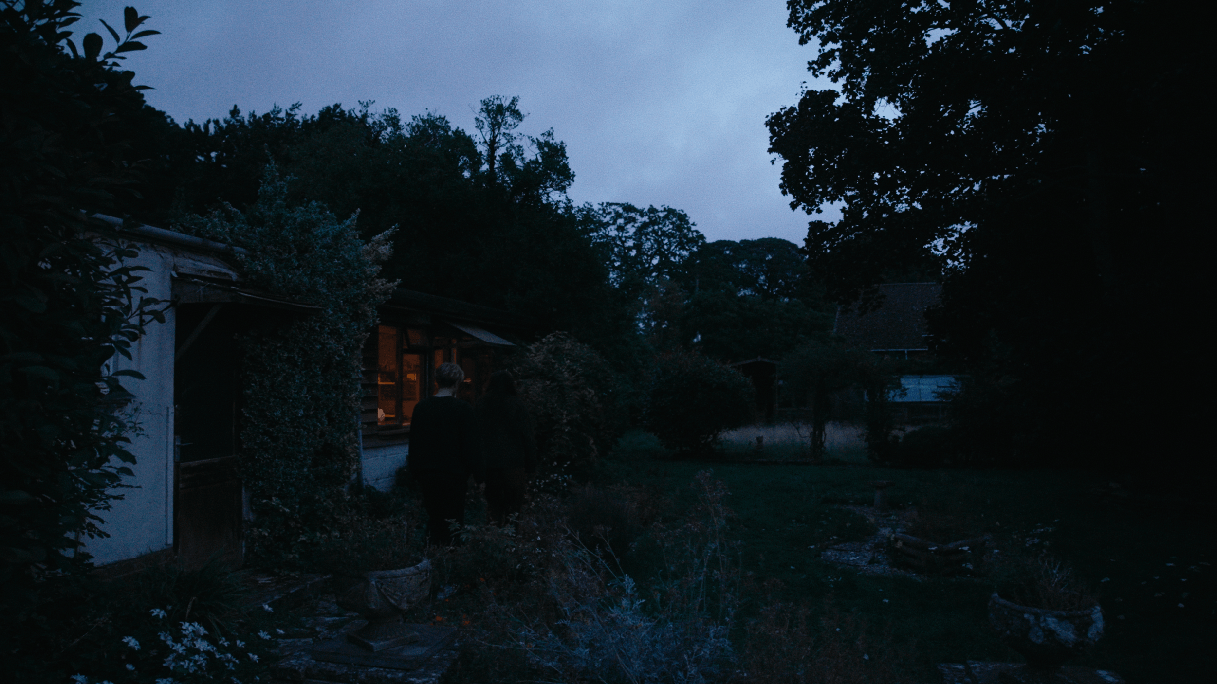A dark, outdoor scene at dusk or night showing trees, a house with lit windows, and a person walking in the yard.