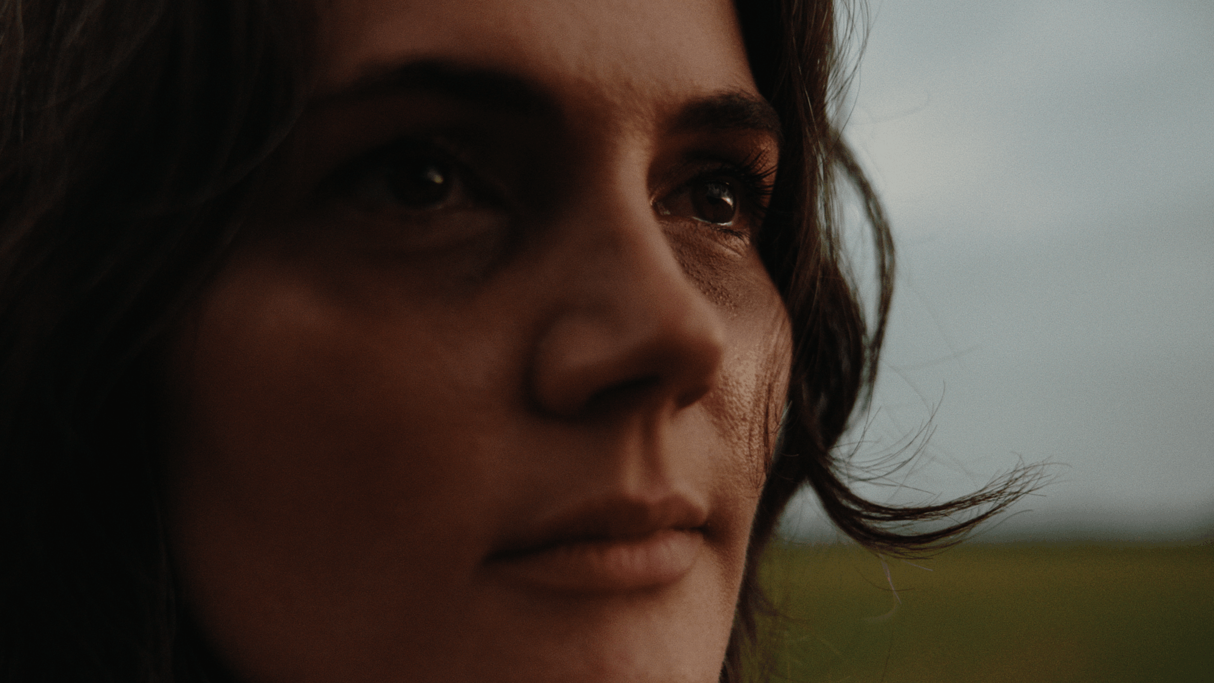 Close-up of a woman's face with dark hair, brown eyes, and smooth skin, looking away outdoors.