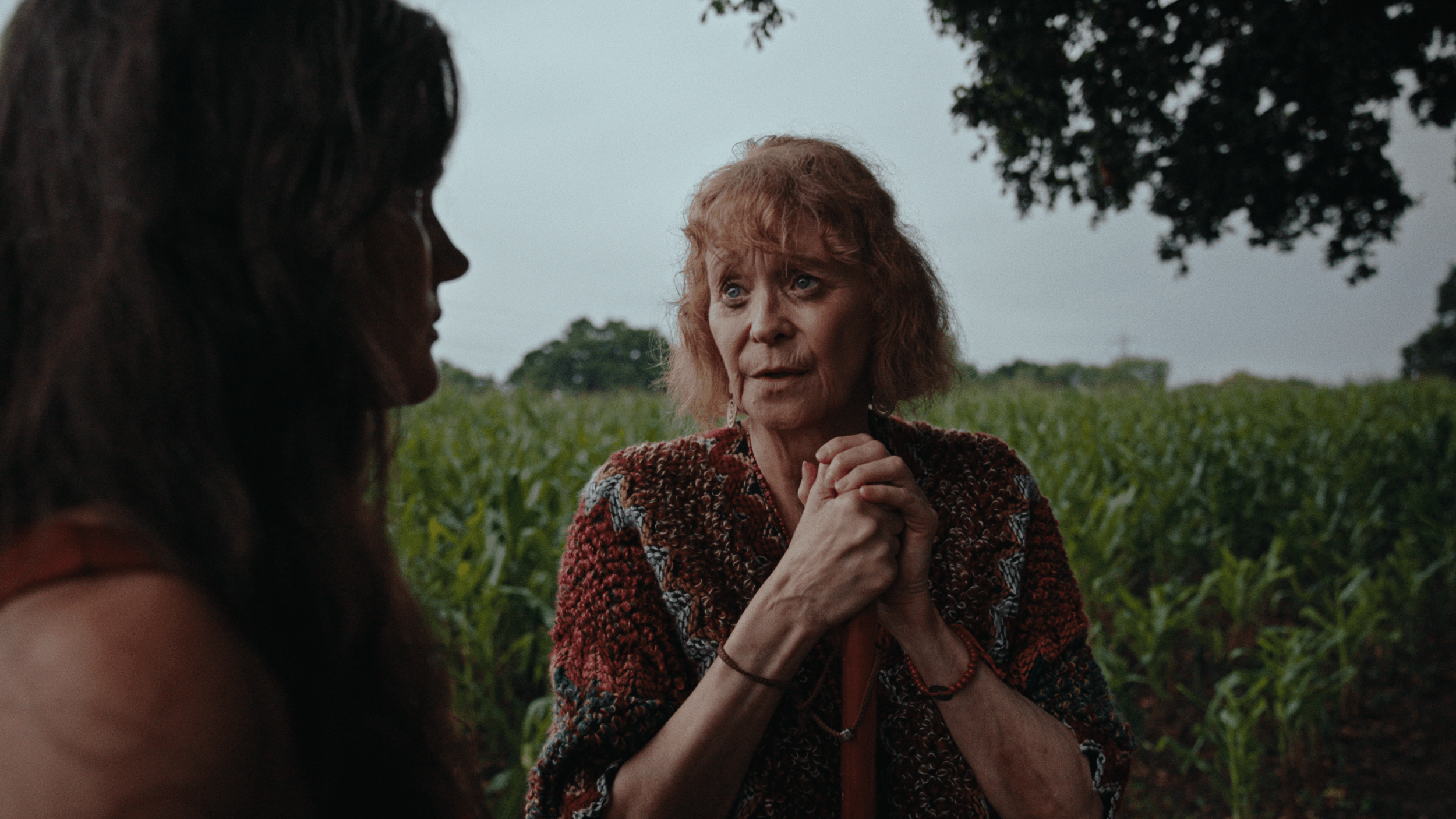 An older woman with reddish hair and a patterned sweater looks thoughtfully with clasped hands while speaking to a woman with dark hair outdoors in a field of green plants at dusk.