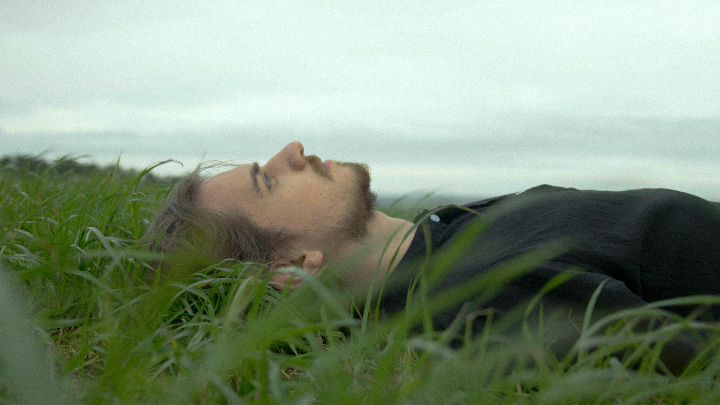 A man with long hair and a beard lies on his back in a grassy field, looking up at the sky with an overcast sky in the background.