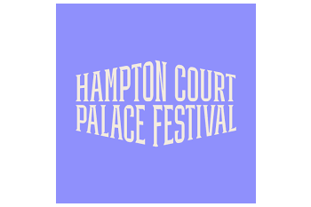 Text on a purple background reads 'HAMPTON COURT PALACE FESTIVAL' in white, curved letters.