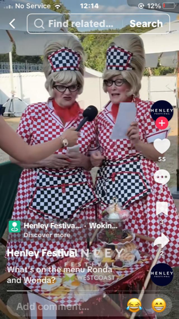Two women dressed as twins in red and white checkered dresses with matching headbands, glasses, and wigs, holding a microphone and a sheet of paper while standing at an outdoor event table with food and desserts.