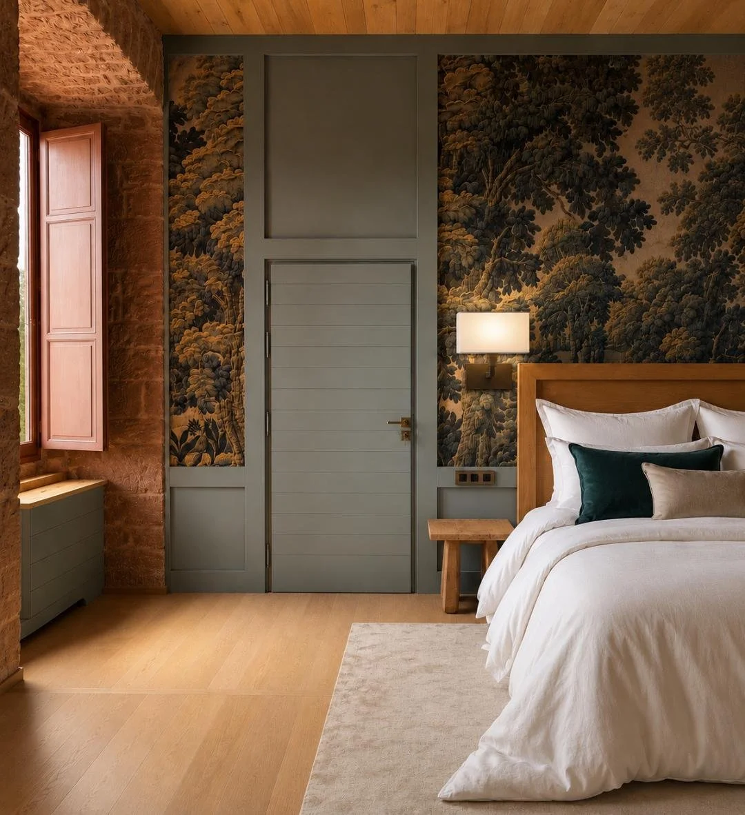 Suite Collonges avec mur tapissé et literie de luxe
