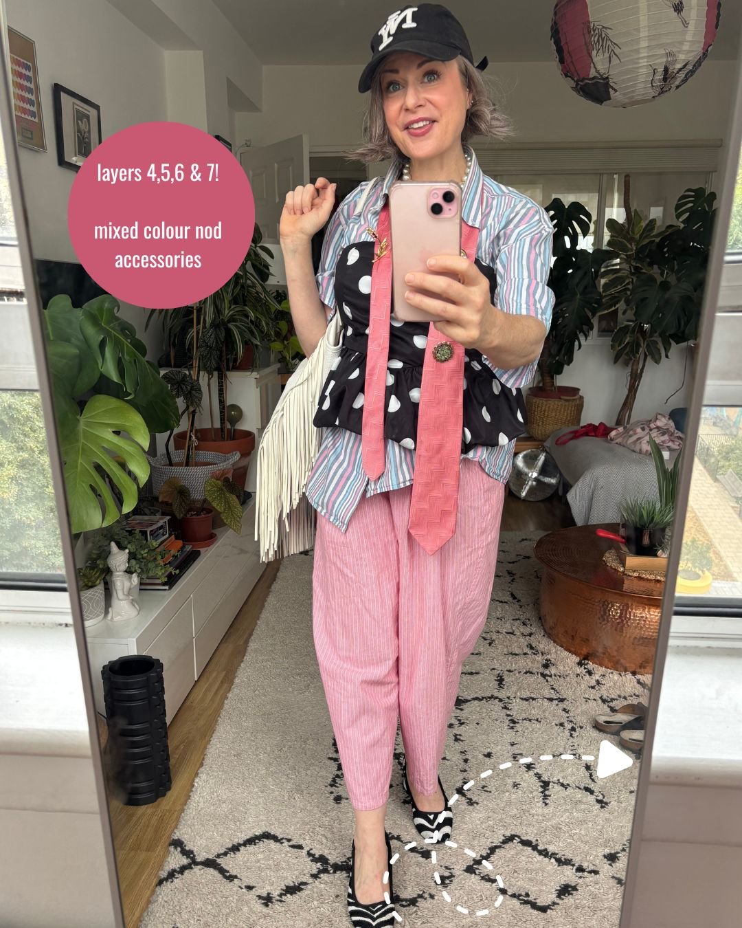 Colour nods with accessories, layers 4 to 7: black cap, pearls, pink tie, brooches and white fringe bag added to polka dot top, striped shirt and pink trousers.