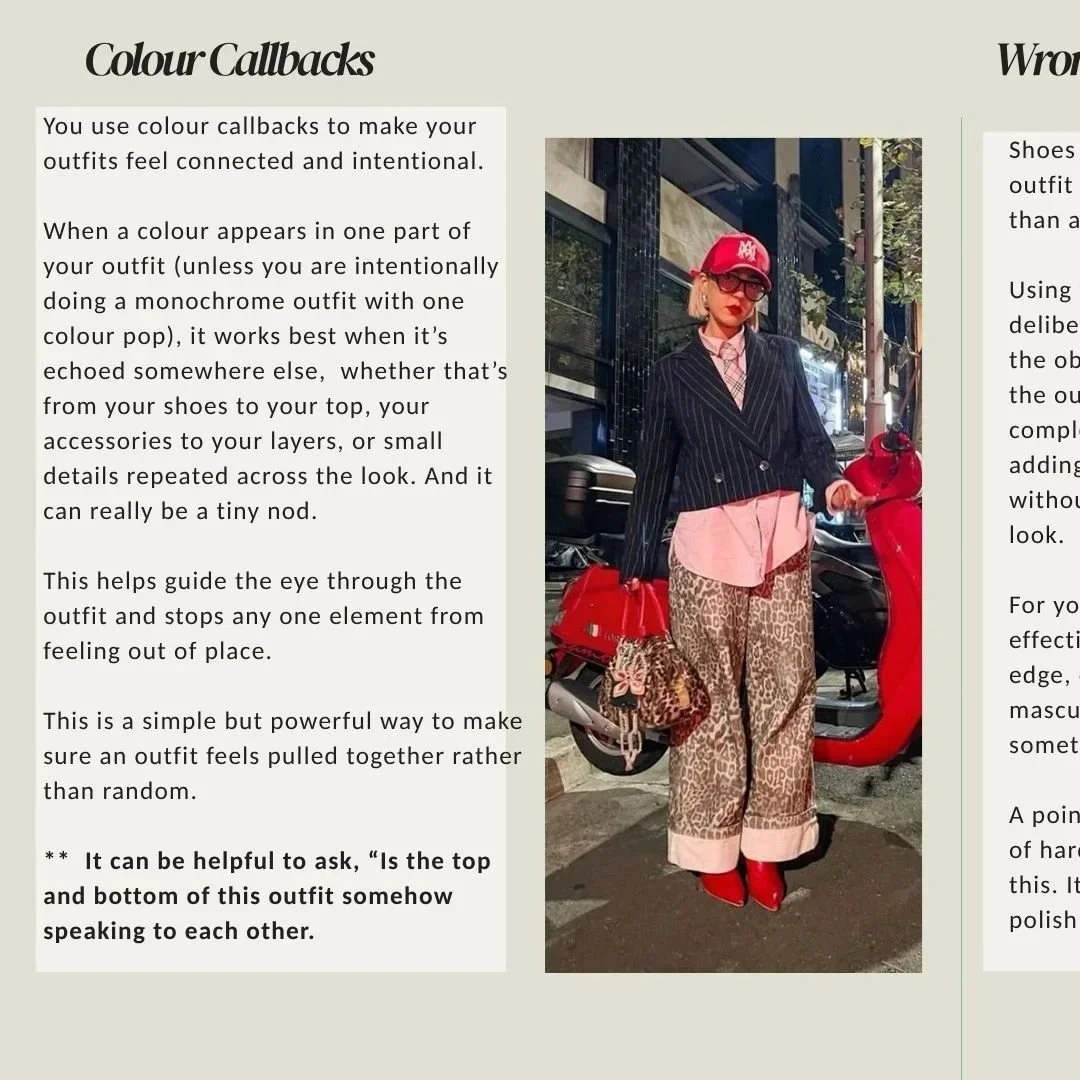 A snippet from a client's personal style system, the woman is an example of a styling principle called colour call backs, she's wearing a black pinstripe blazer, pink shirt, wide leopard print pants with rolled-up cuffs, red boots, red hat,