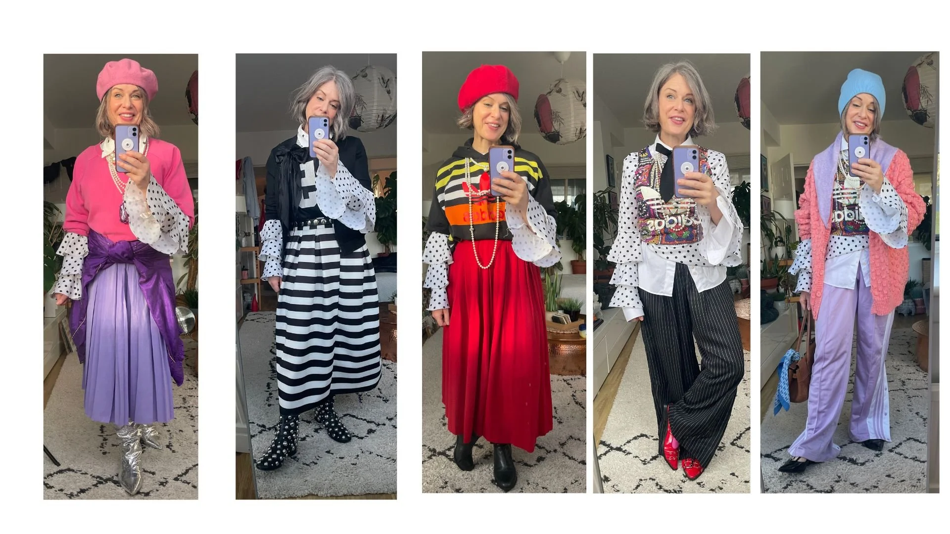 Five different outfits styled around the same polka dot top with ruffle sleeves — showing how to remix one piece multiple ways
