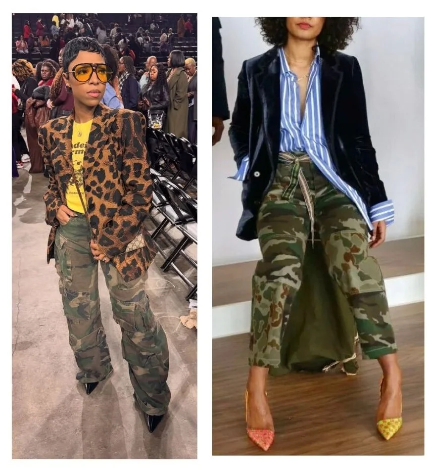 pattern mixed outfits showing camo print used as a neutral and mixed with other patterns