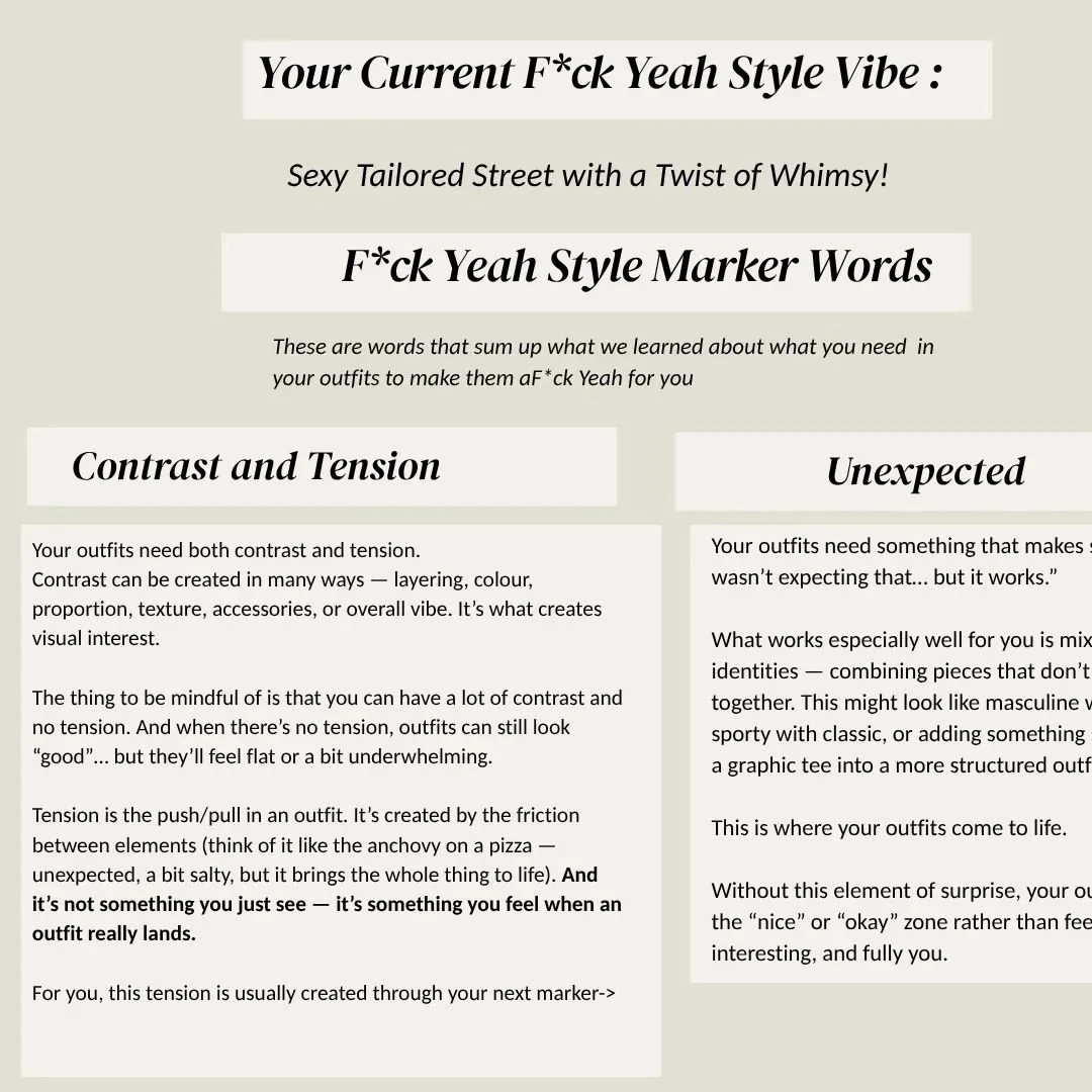 A snippet from a client's personal style system guide, "Your Current F*ck Yeah Style Vibe," discussing fashion choices, with sections on contrast and tension, and unexpected elements, emphasising personal expression in outfits.
