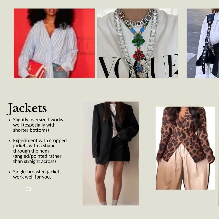 A snippet from a client's personal style system, A clothing guide showing various jacket styles and accessories, including necklaces and casual outerwear, with tips on jacket fits and design experiments.
