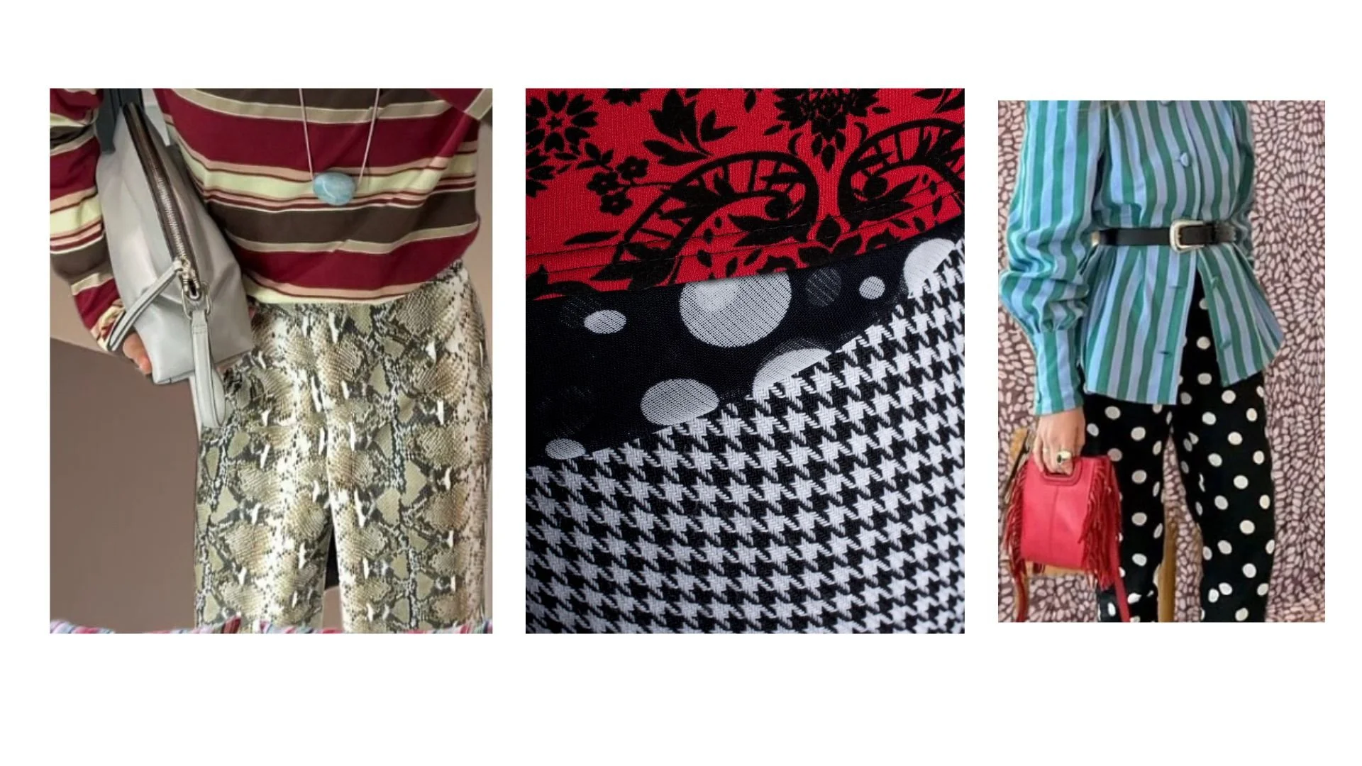 Patten mixing snakeskin and stripes, polkadots, houndstooth and abstract, polka dots and stripes