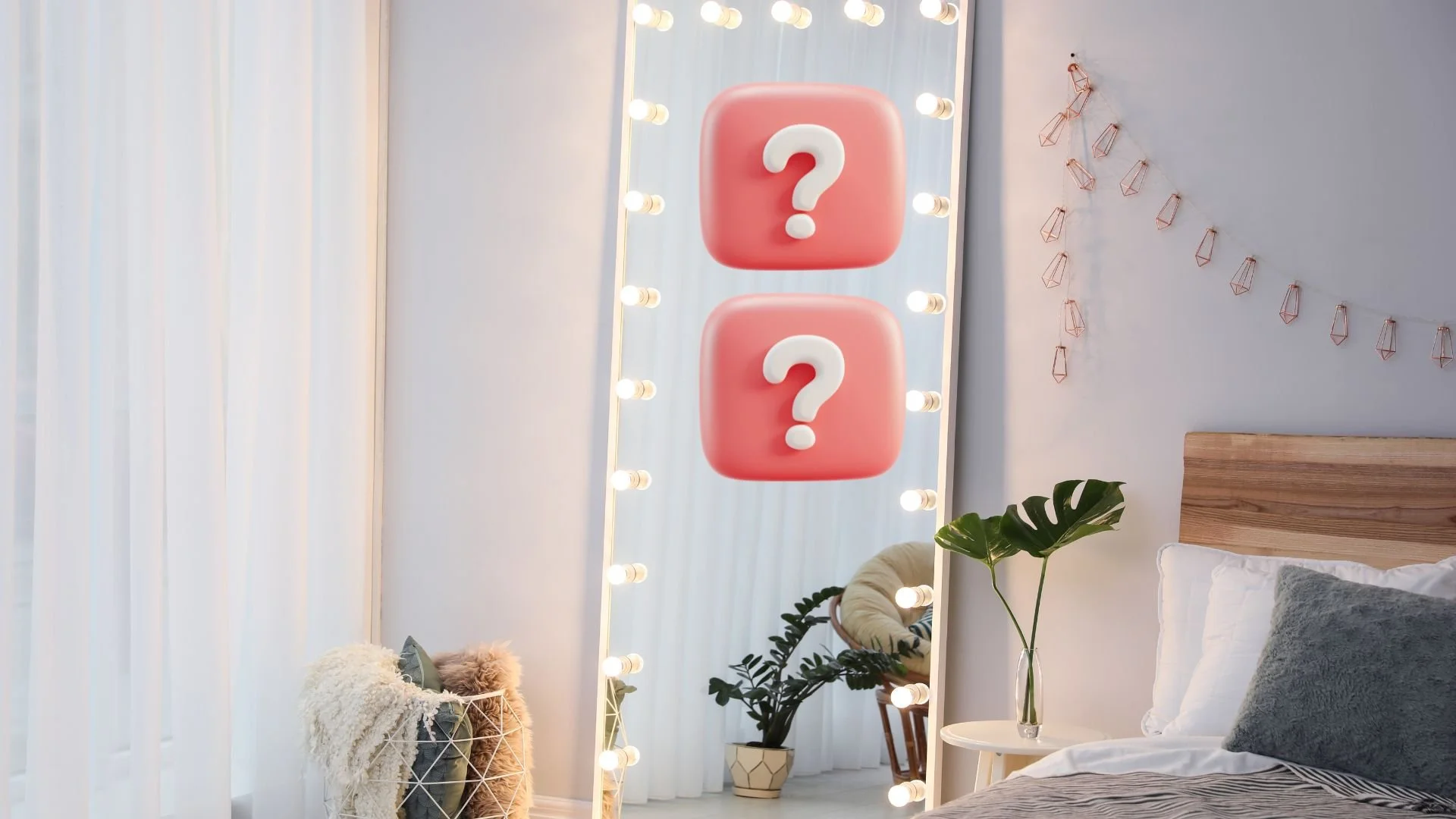 Bedroom mirror with lights and question marks representing wardrobe confusion and style identity uncertainty