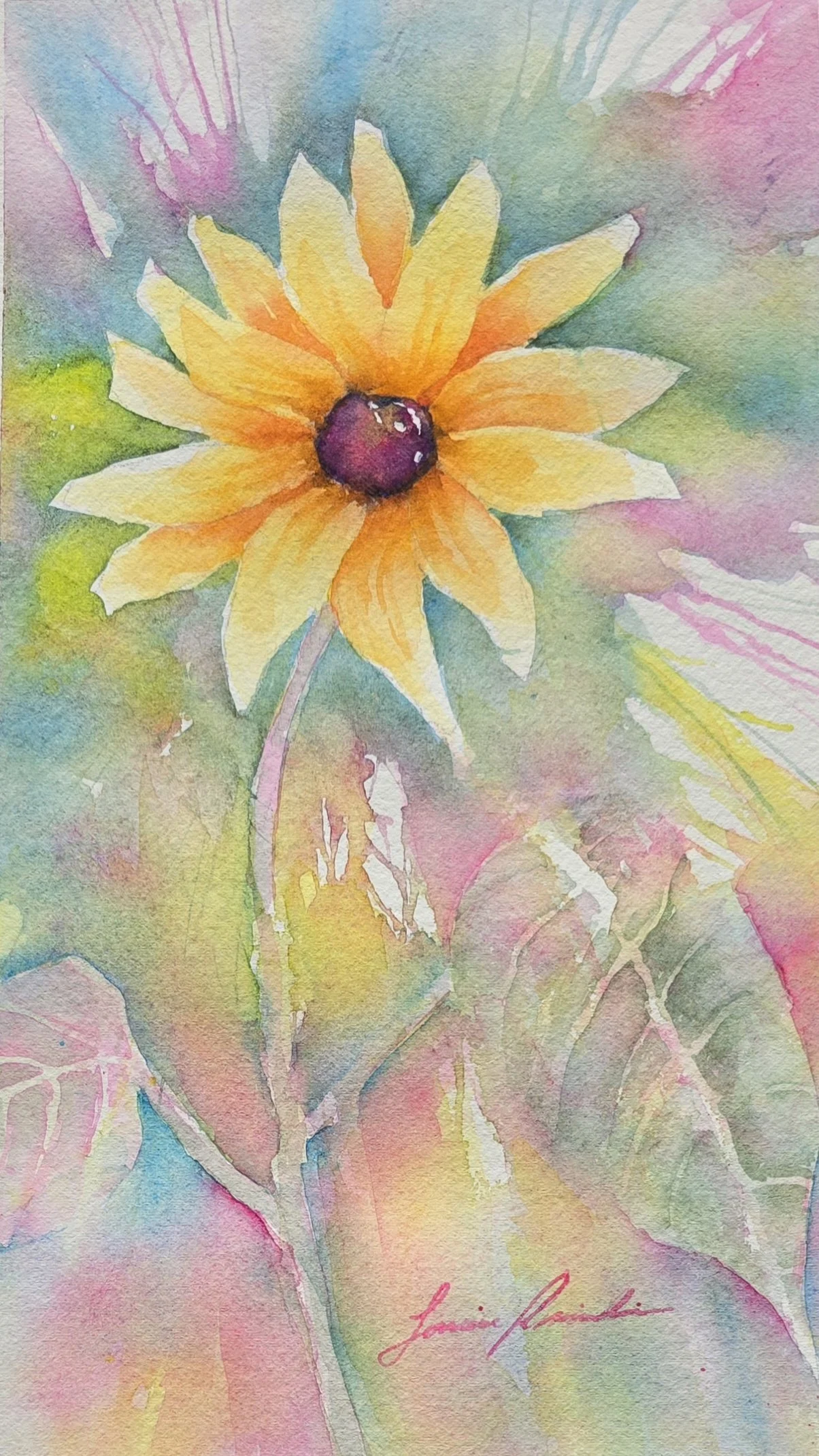 Watercolor painting of a yellow and orange flower with a dark center, surrounded by soft pastel-colored leaves and backgrounds. Painted by Lorraine Rimmelin.