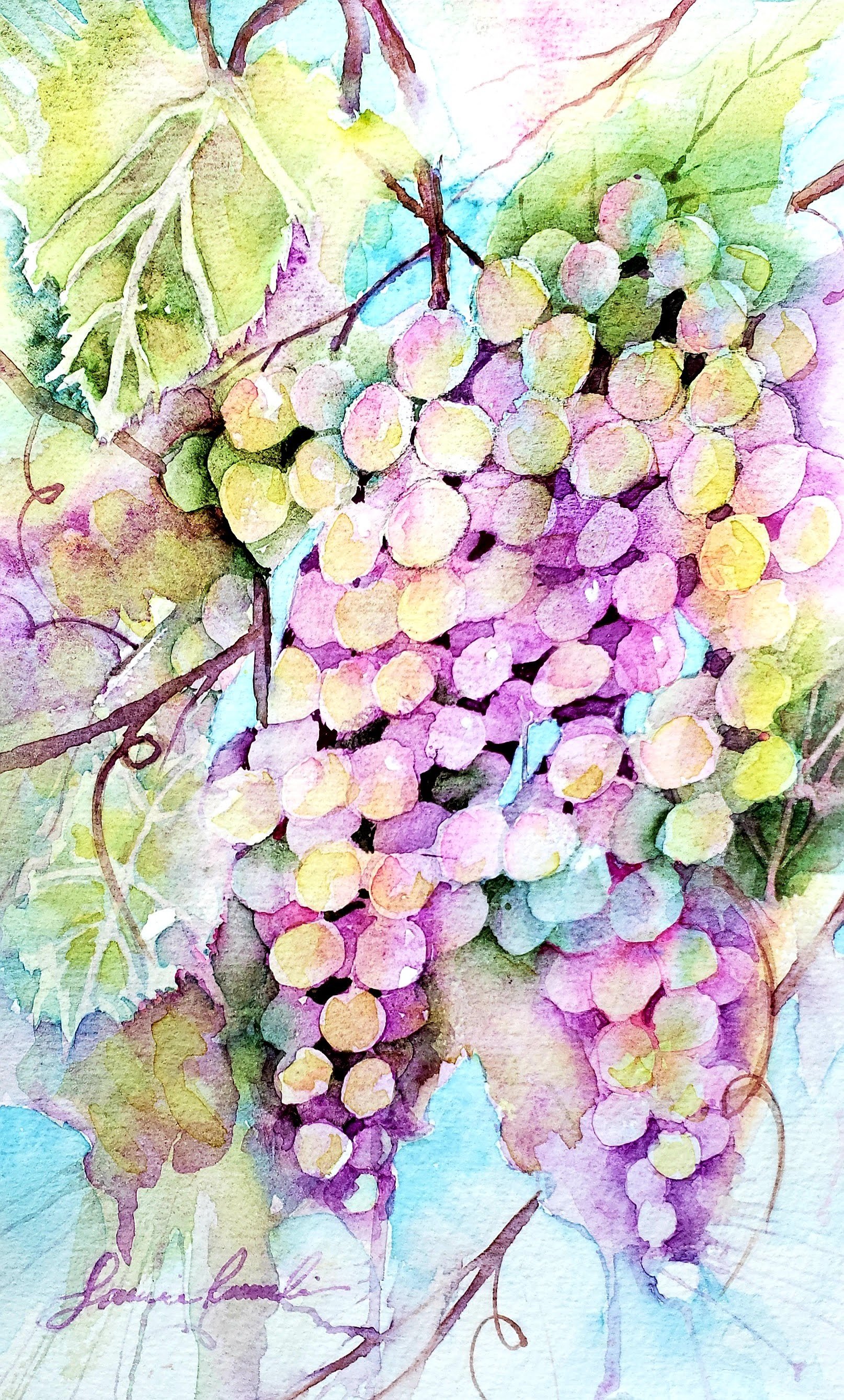 A watercolor painting of a bunch of grapes hanging from a vine with leaves, featuring soft pastel colors. Painted by Lorraine Rimmelin.