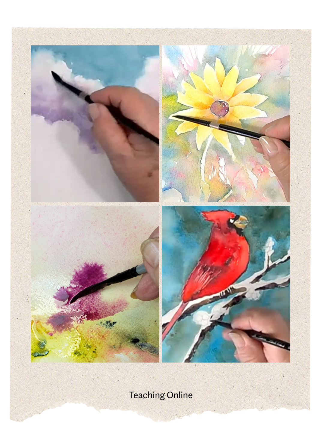 Four watercolor paintings: a hand painting purple and white clouds, a sunflower with a ladybug, a purple and yellow abstract splash, and a red cardinal bird on a branch. Painted by Lorraine Rimmelin.