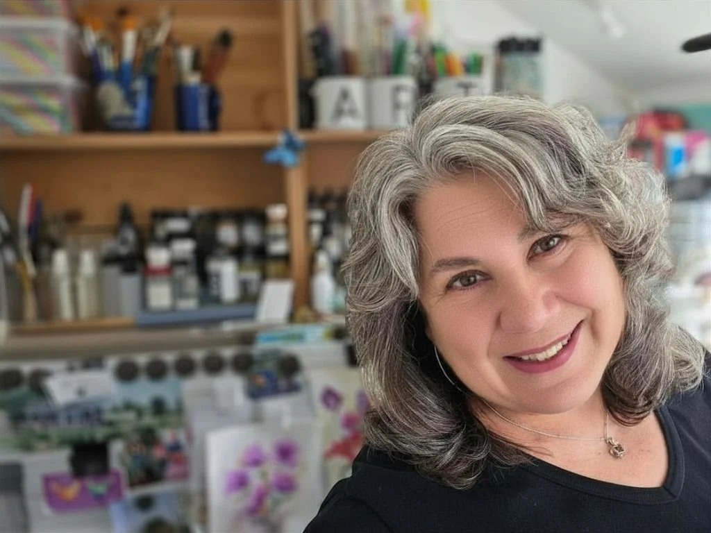 Lorraine Rimmelin with gray, curly hair and a black top, smiling at the camera in a watercolor art studio with shelves of bottles, jars, and art supplies behind her.