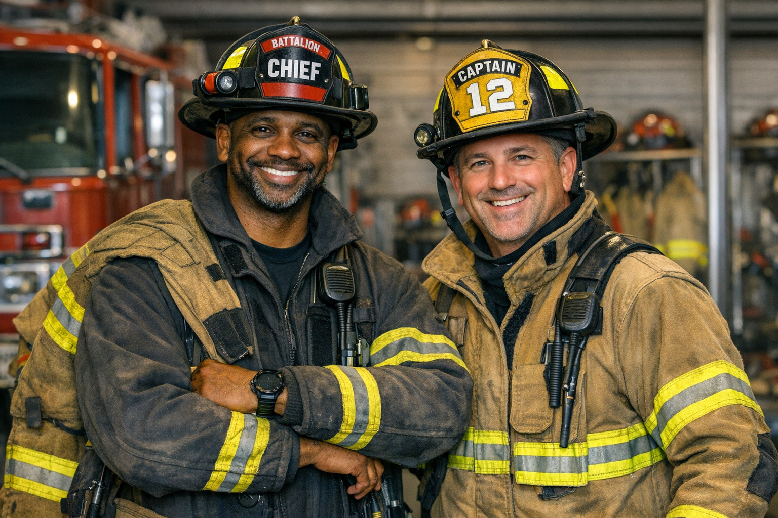 Two male firefighters in uniform smiling in fire station.