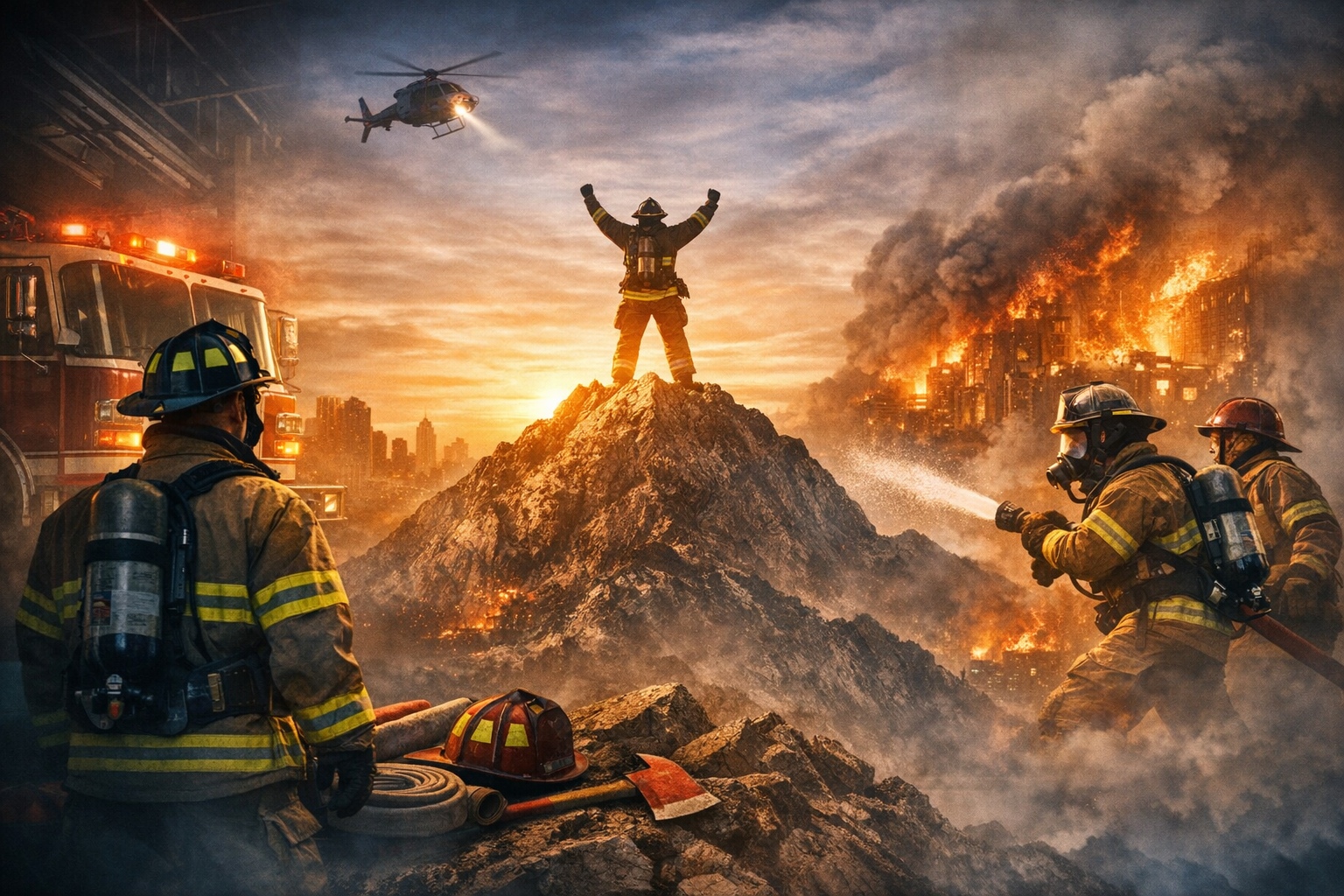Firefighters battling a large fire on a building with smoke and flames, a firefighter standing atop a rocky hill at sunset with arms raised, a fire truck, and a helicopter overhead.