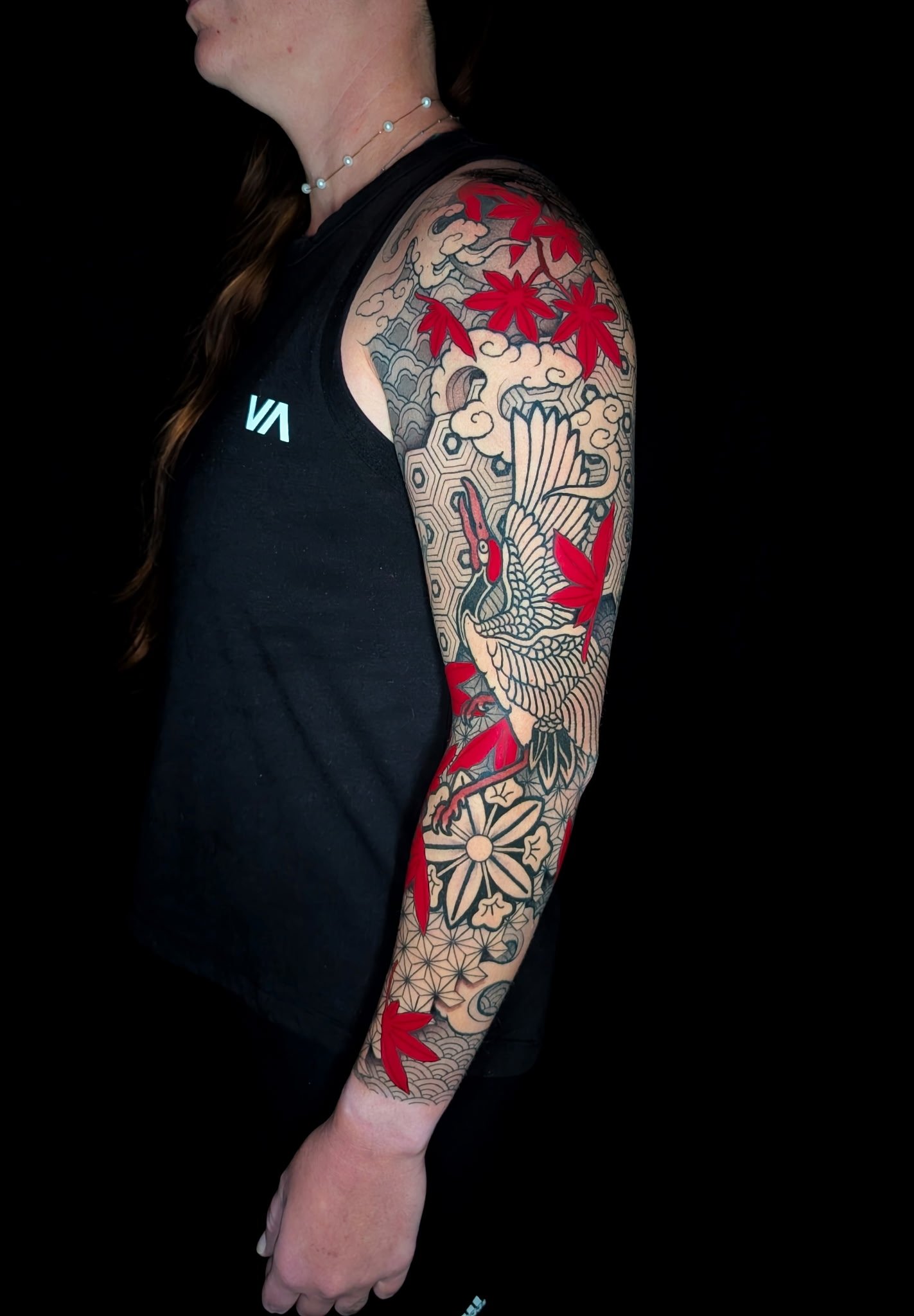 japanese geometric crane sleeve tattoo by Zach Yokoyama