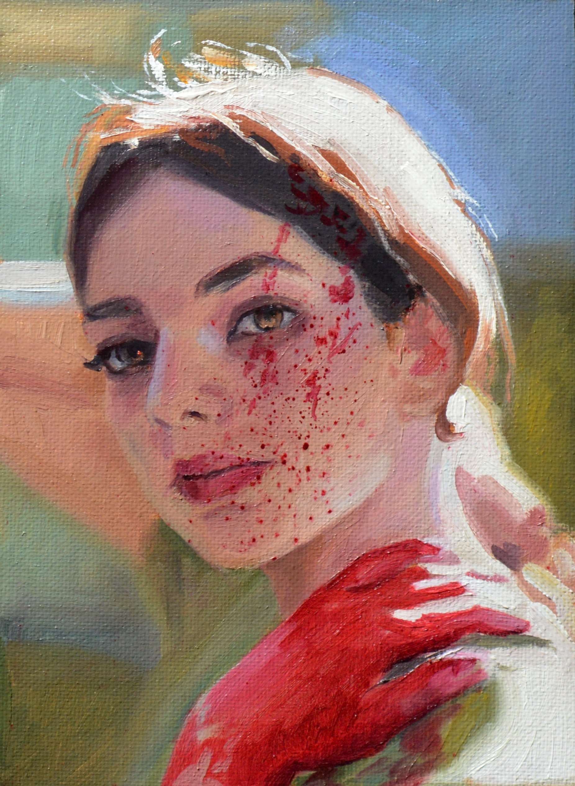 bloody hand woman portrait done  in oil paint
