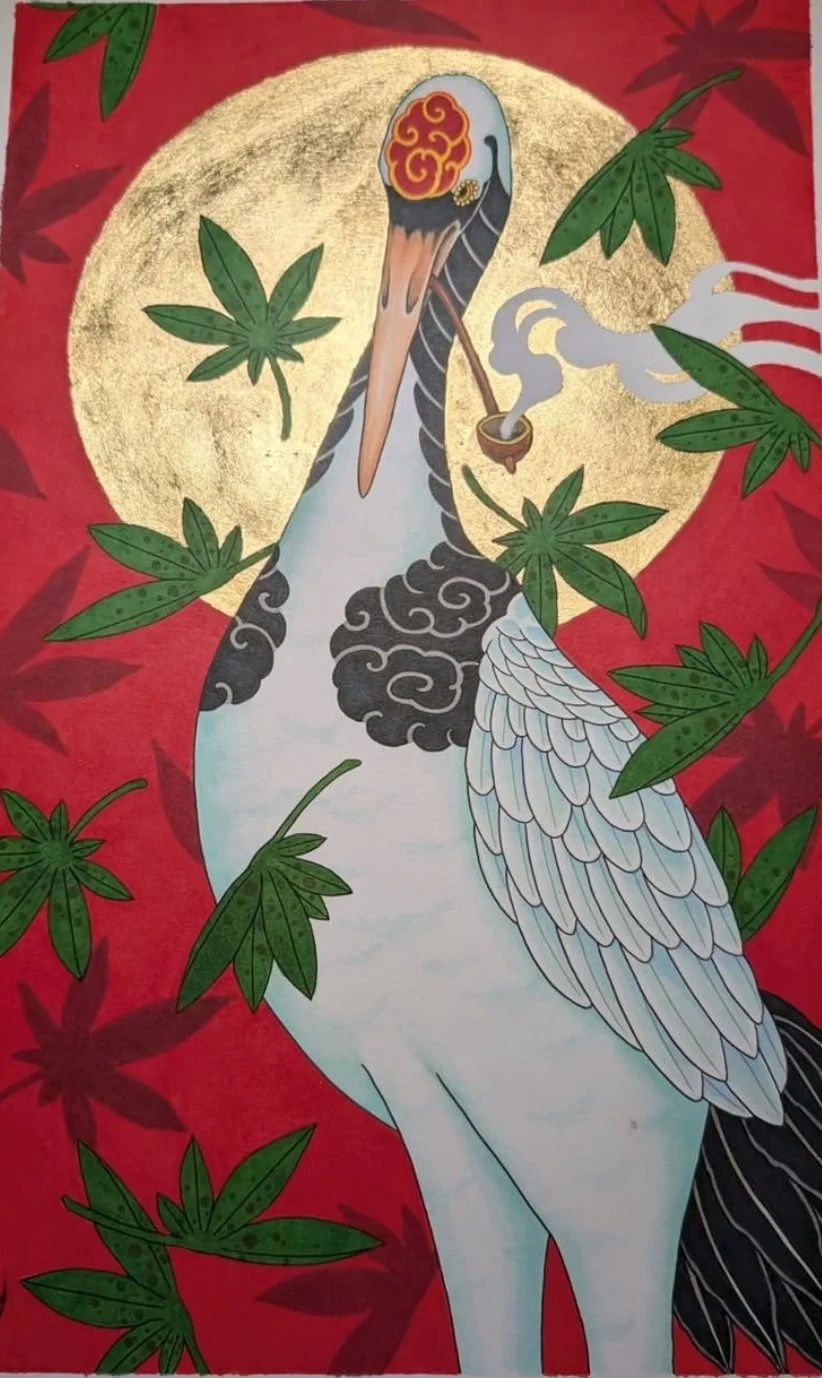Japanese crane illustration in color with gold leaf