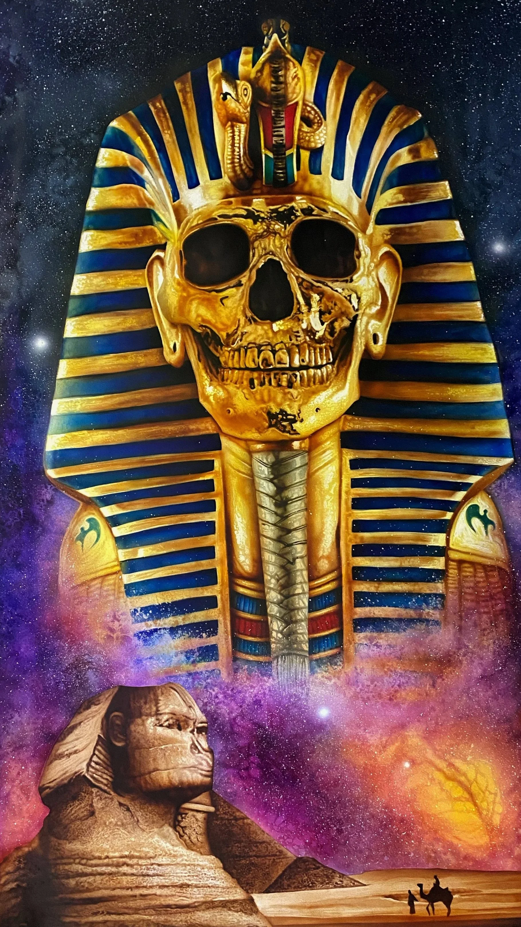 Acrylic airbrush painting of golden Egyptian  skull by Richie Lucero