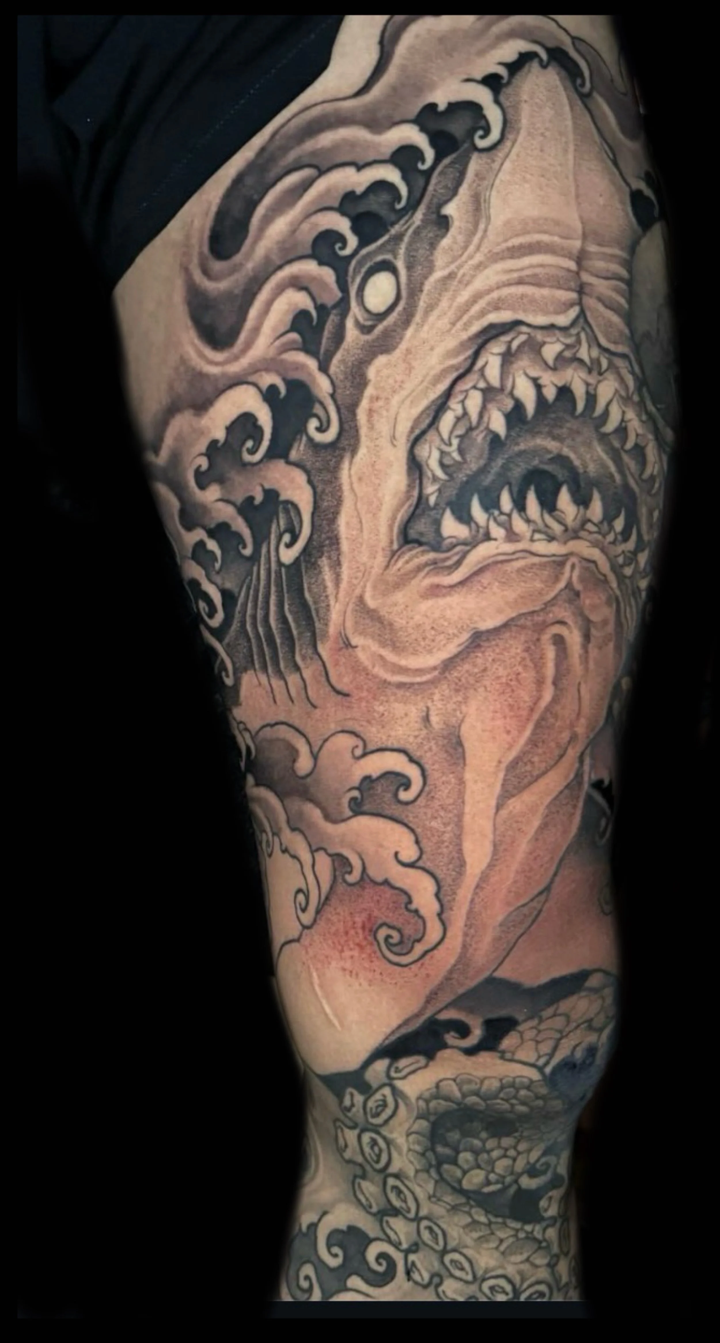 Black and grey Japanese Shark tattoo with waves