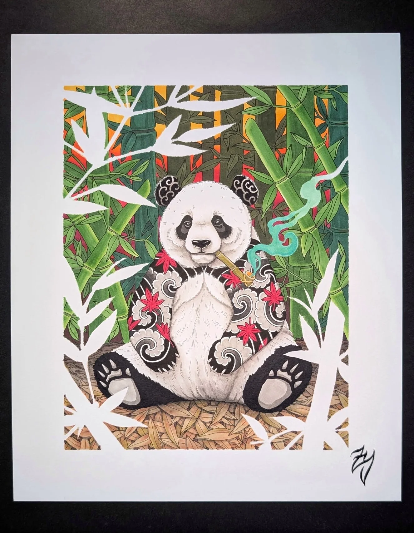Illustration of a panda sitting among bamboo plants, smoking a pipe by Zach Yokoyama