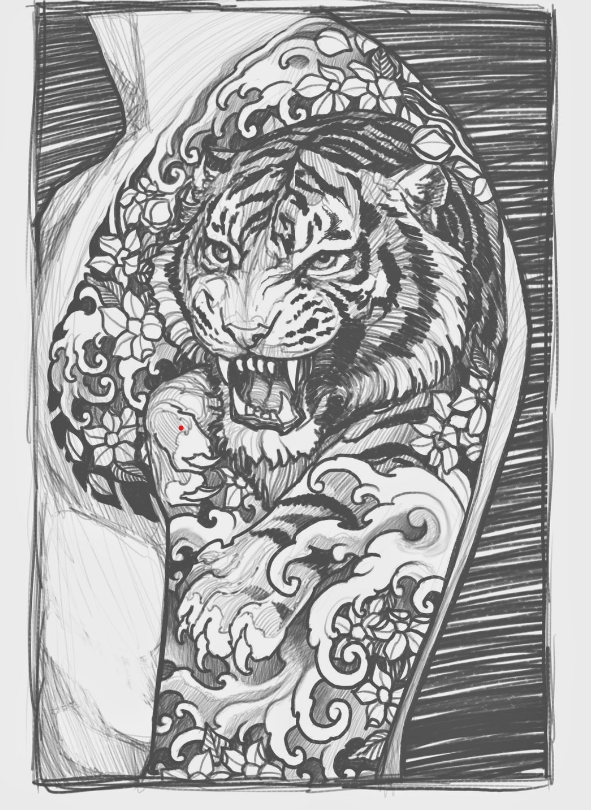 Black and grey japanese tiger tattoo drawing by Richie Lucero