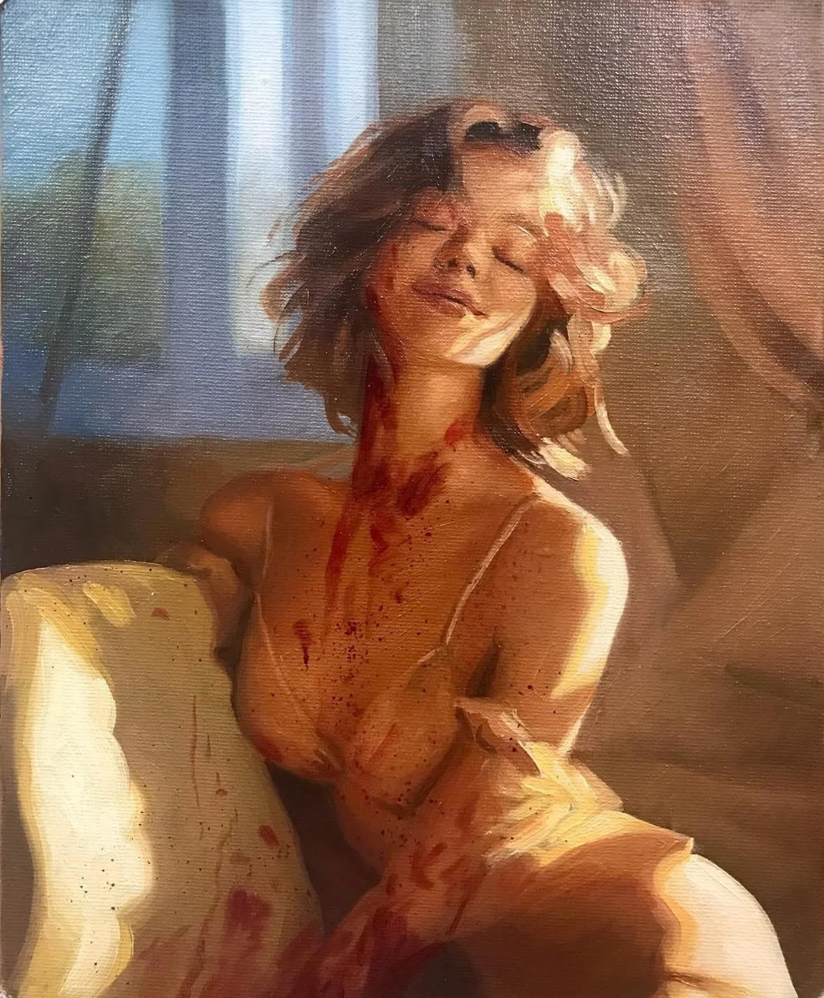 happy bloody woman portrait in oils