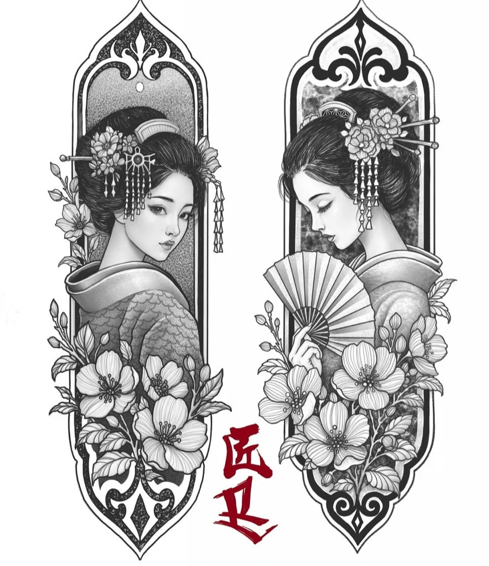 Black and white illustration of two Japanese geisha by Richie Lucero