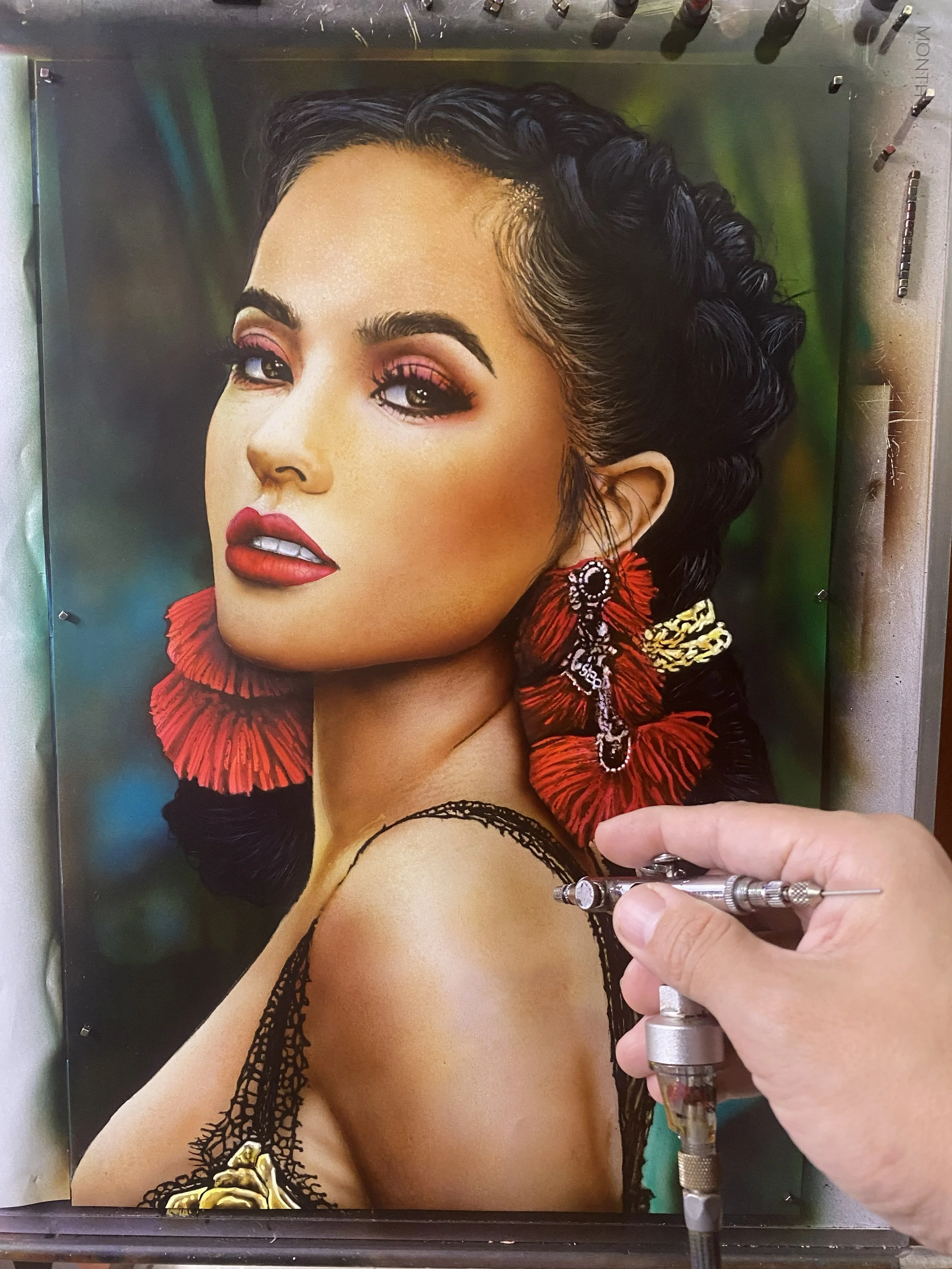 Airbrushed acrylic portrait of a woman by Richie Lucero