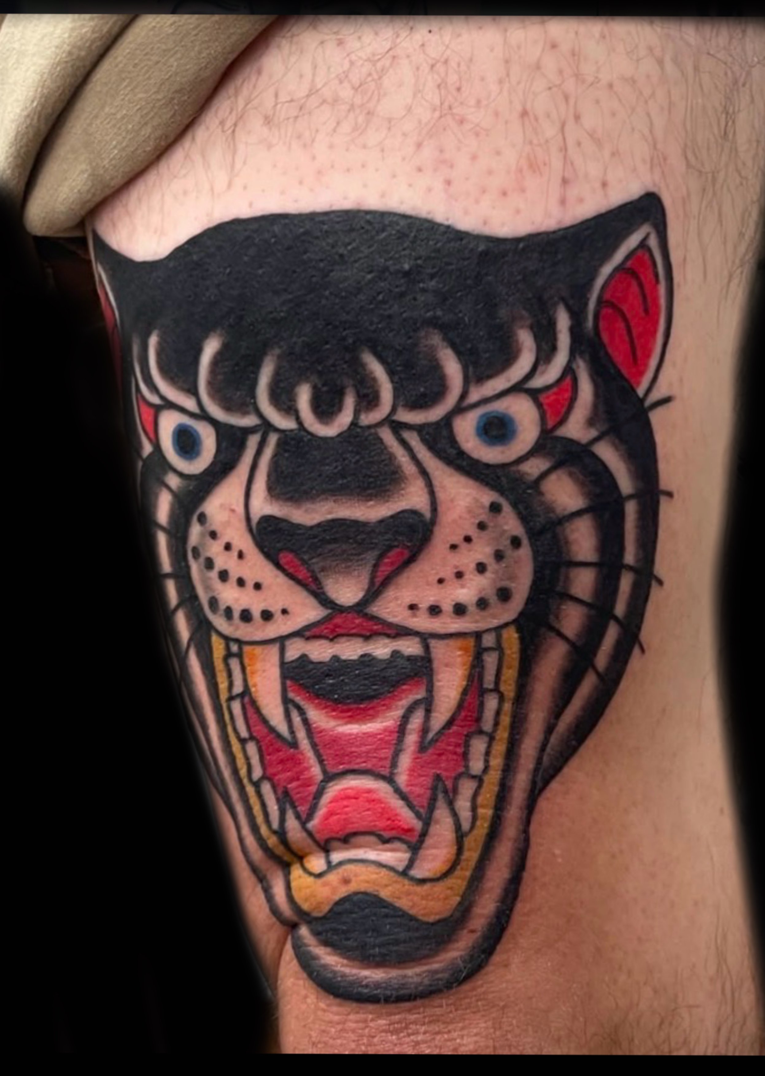 Black cat tattoo on the knee by Marie Rose
