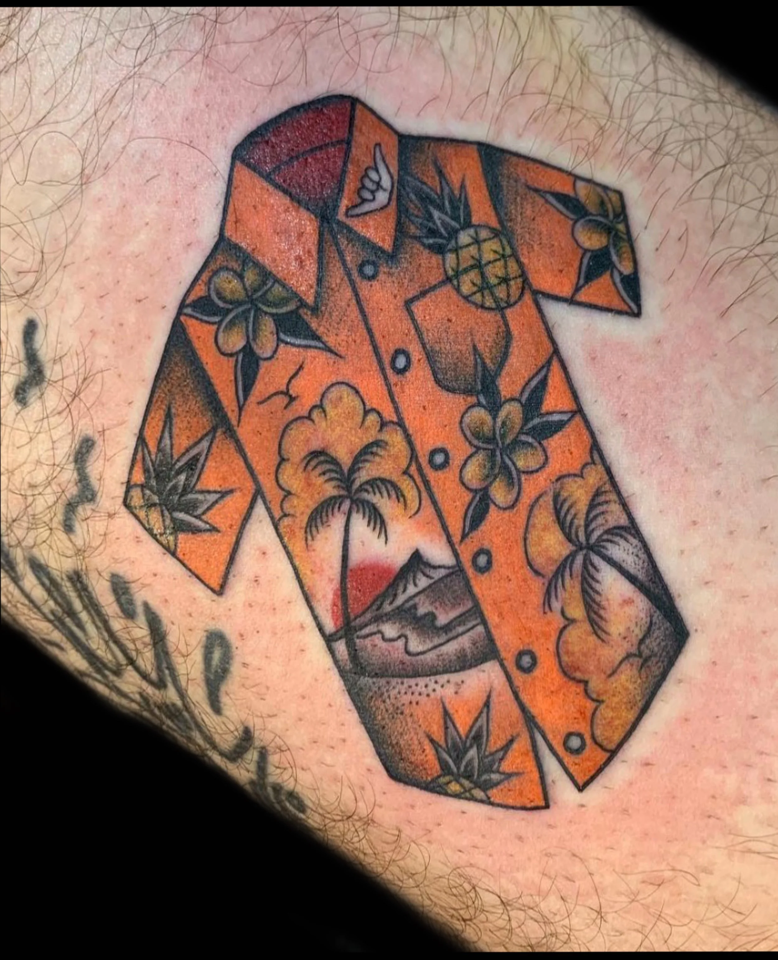 American traditional Hawaiian shirt tattoo by Sue Kidder