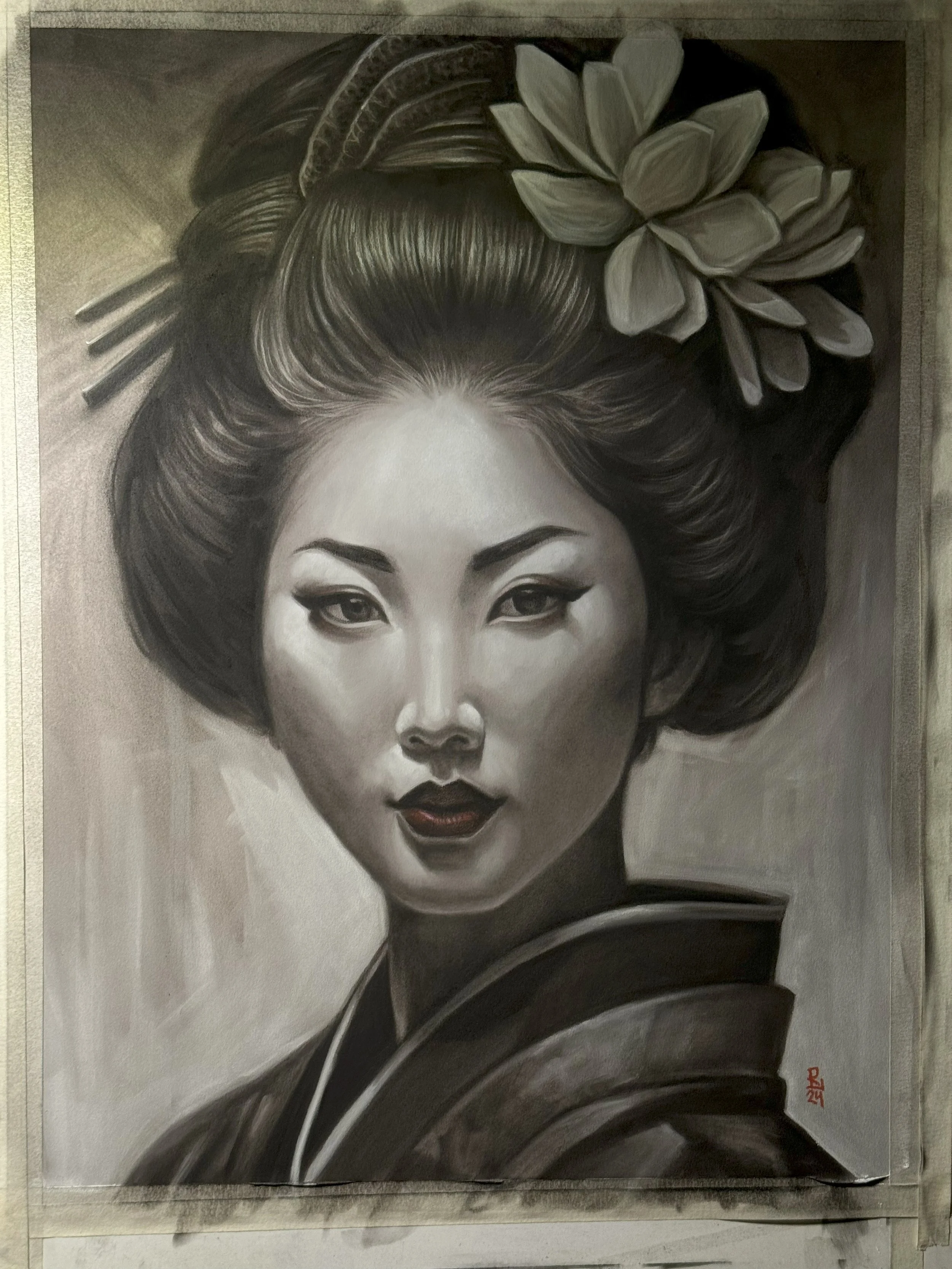 Charcoal drawing of a geisha by Richie Lucero