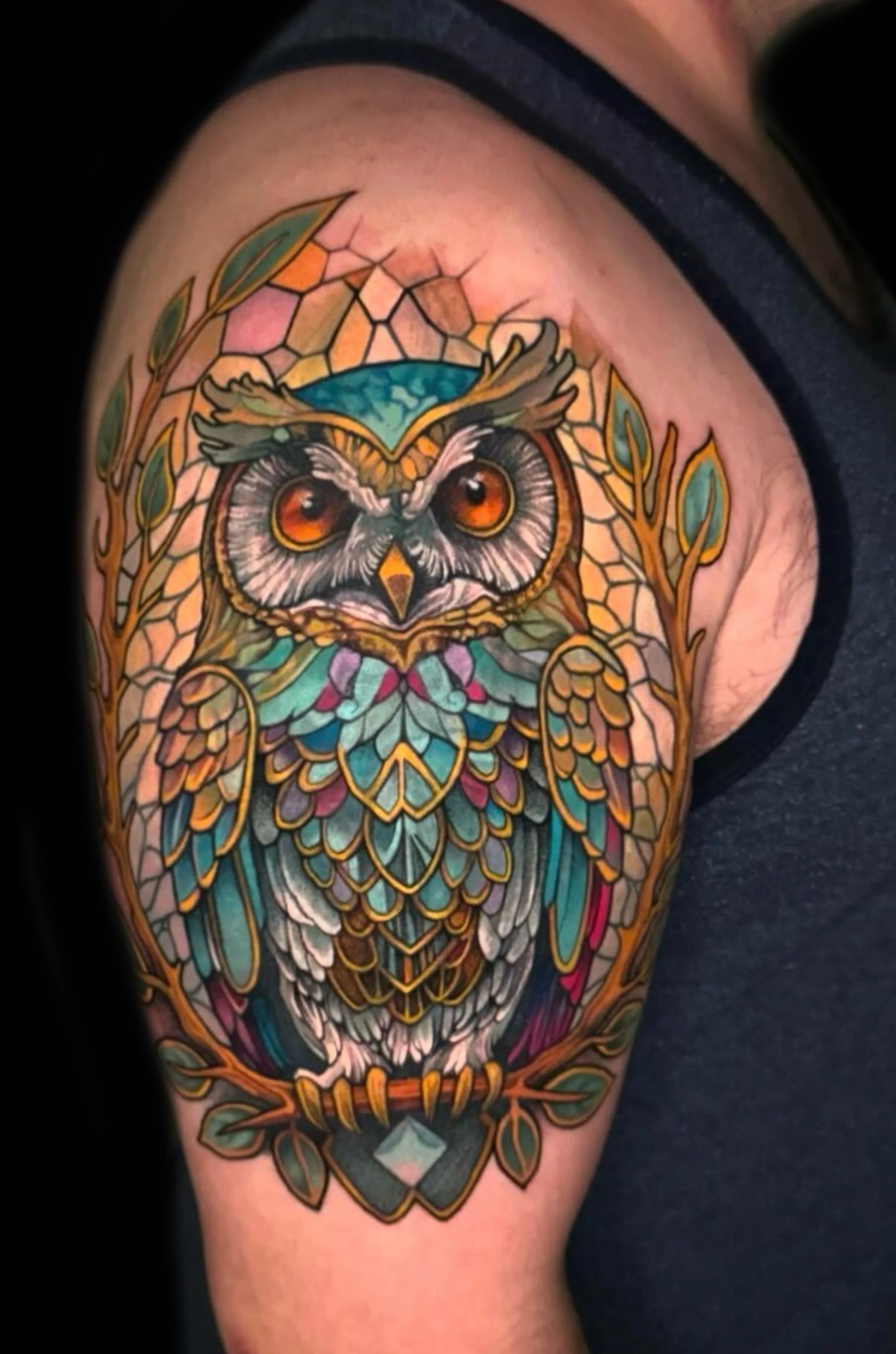 Stained glass color owl tattoo