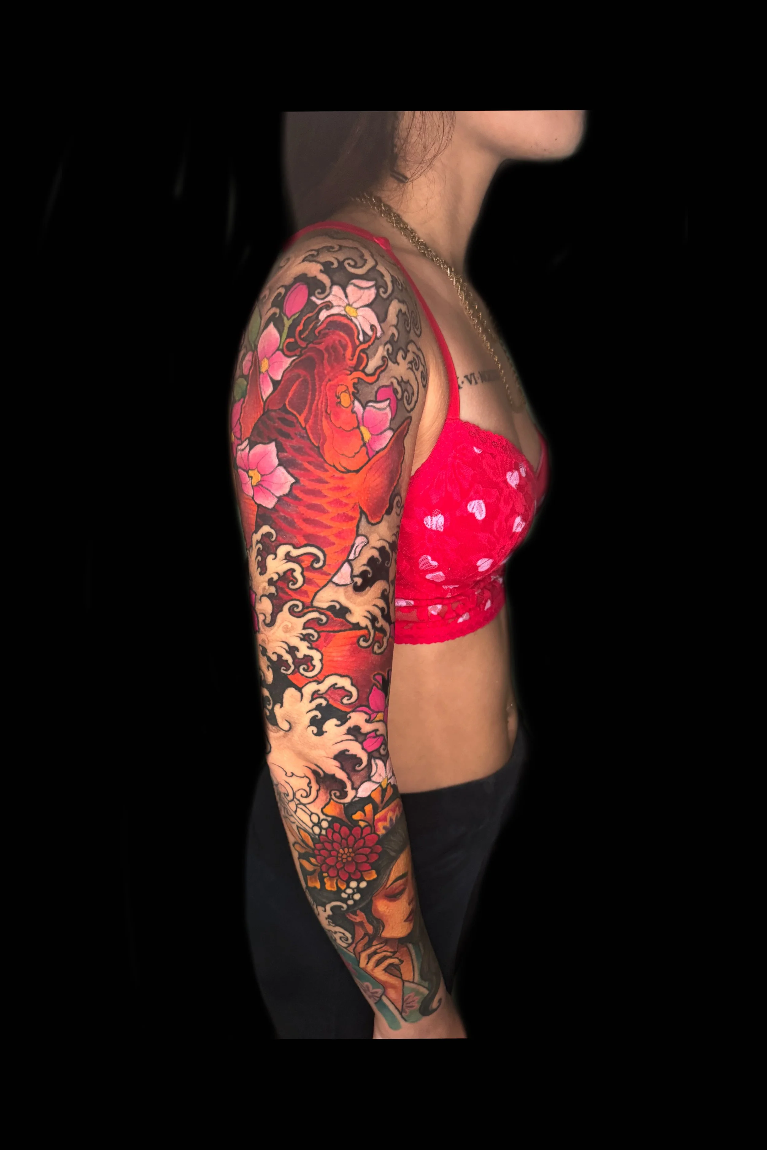 Japanese koi sleeve with sakura and waves by Richie Lucero