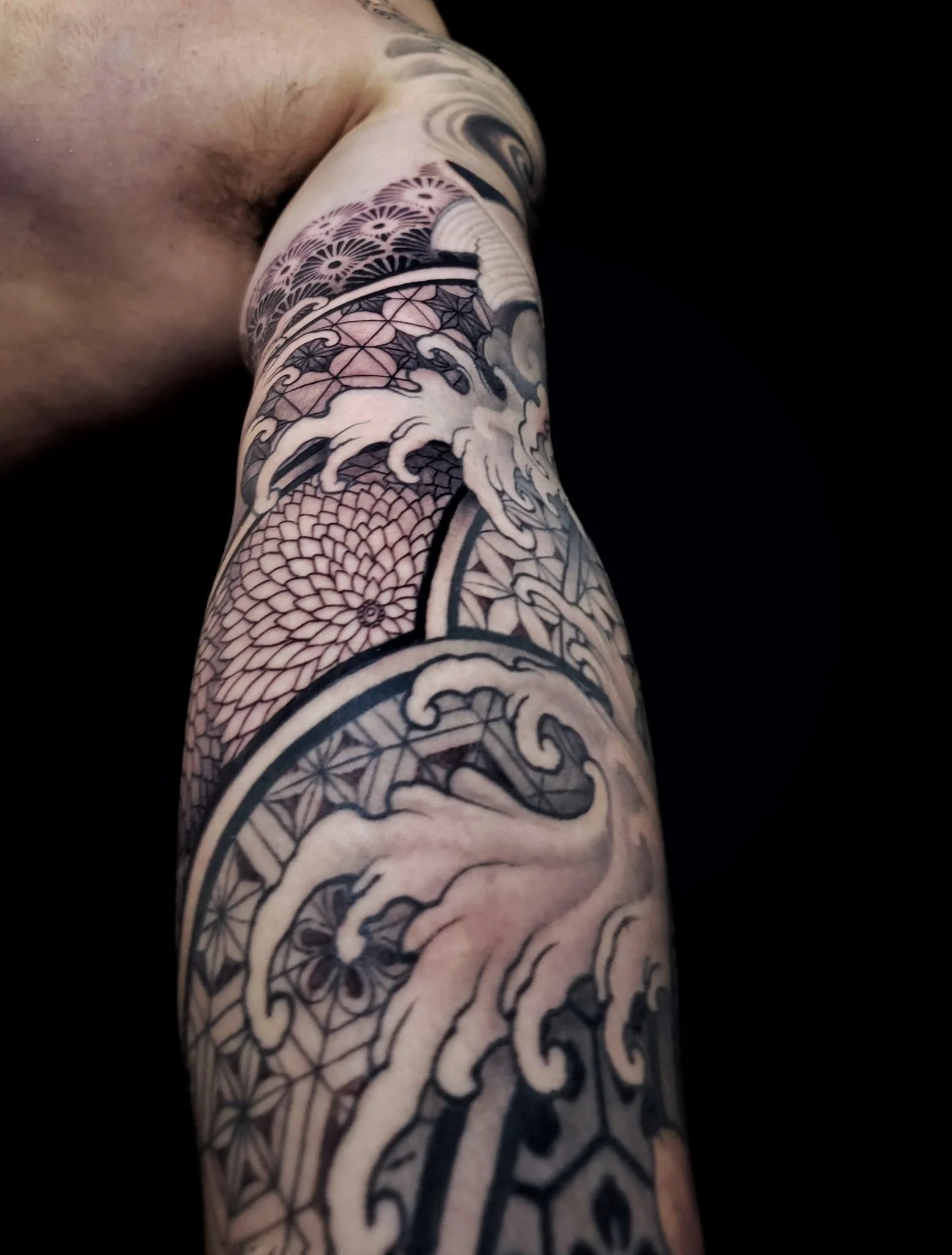 Close-up of Japanese and geometric sleeve by Zach Yokoyama