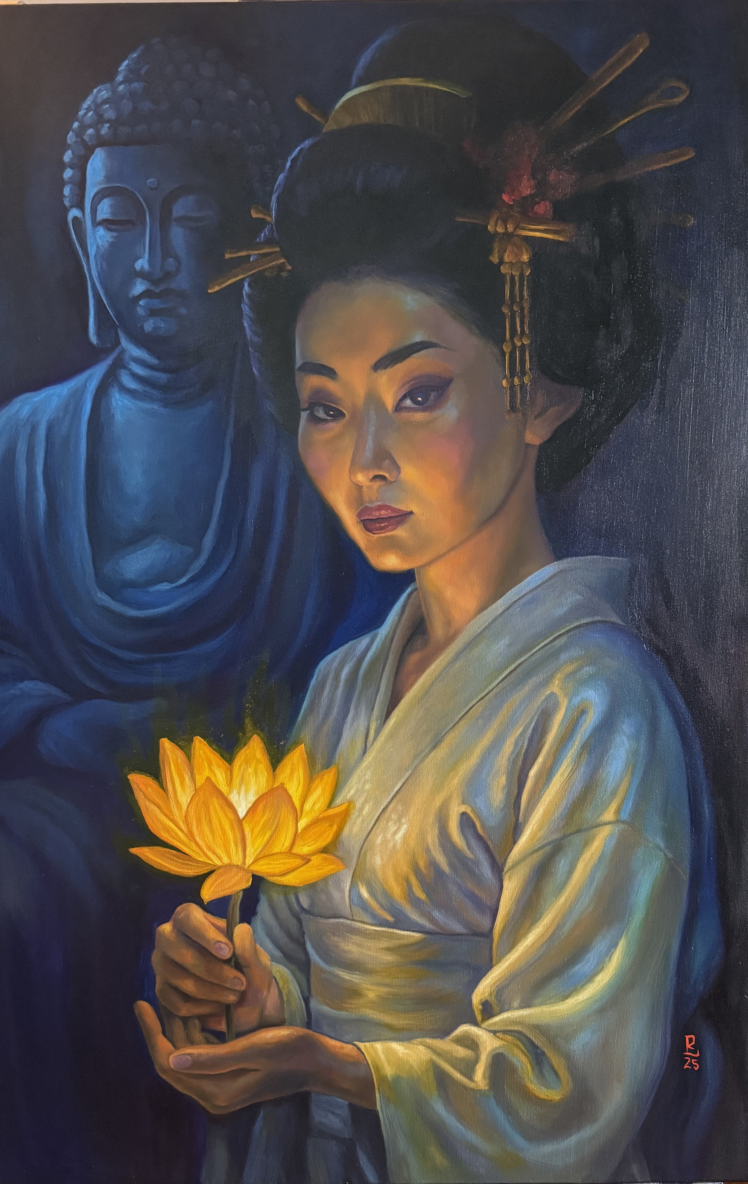 an oil painting of a Geisha holding a glowing lotus flower done in oil