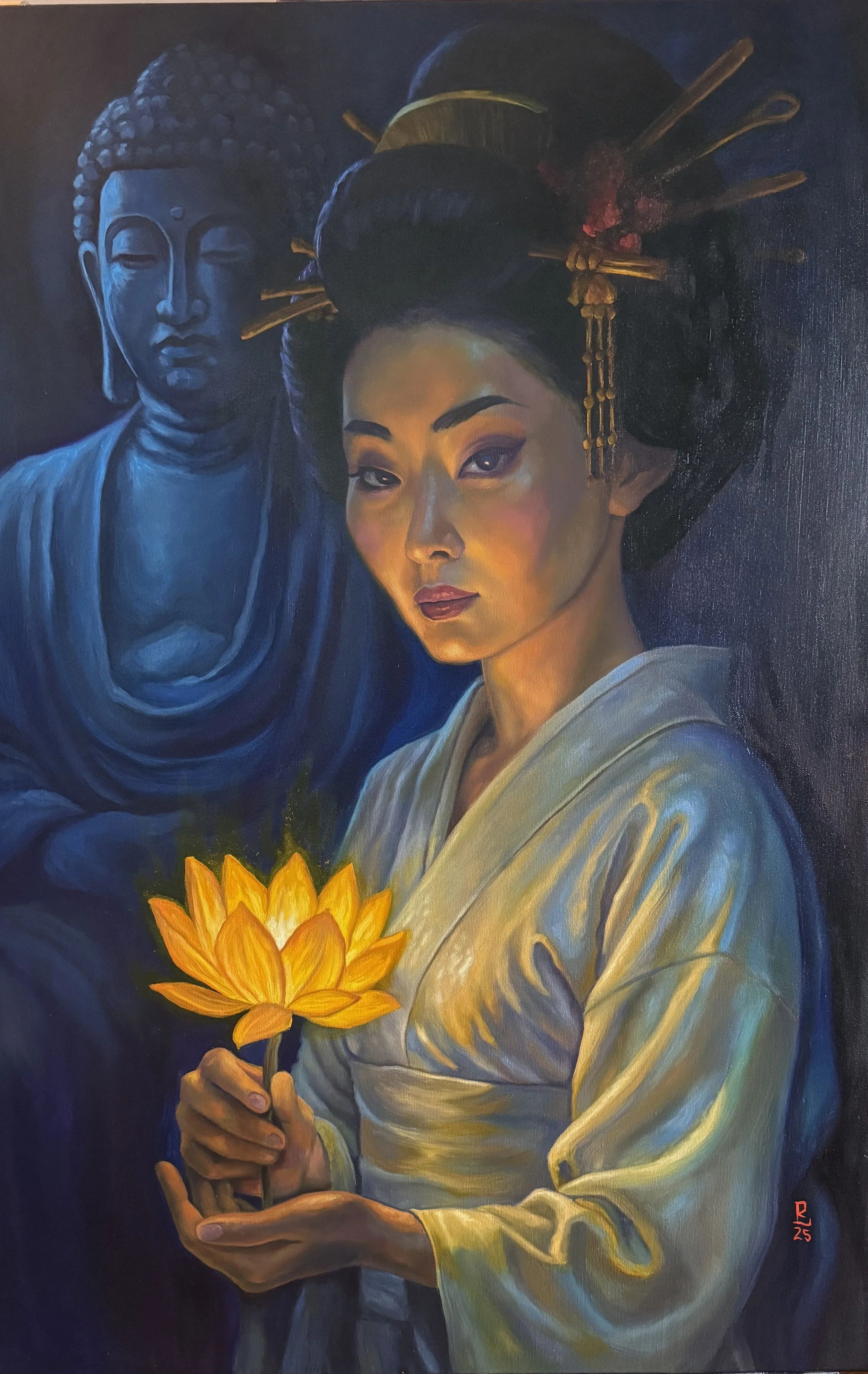 Oil painting of geisha and lotus by Richie Lucero