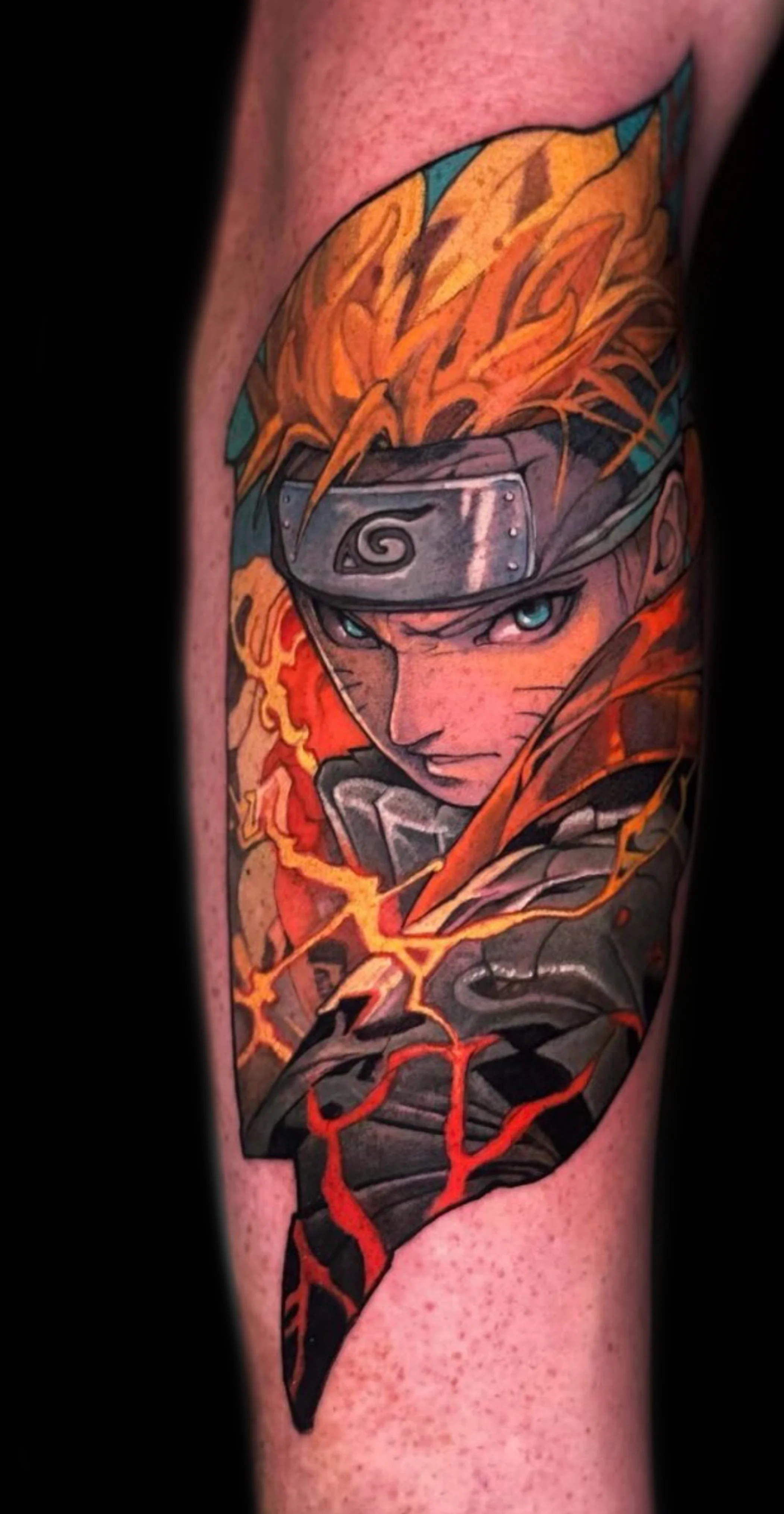 Red and orange Naruto anime tattoo
