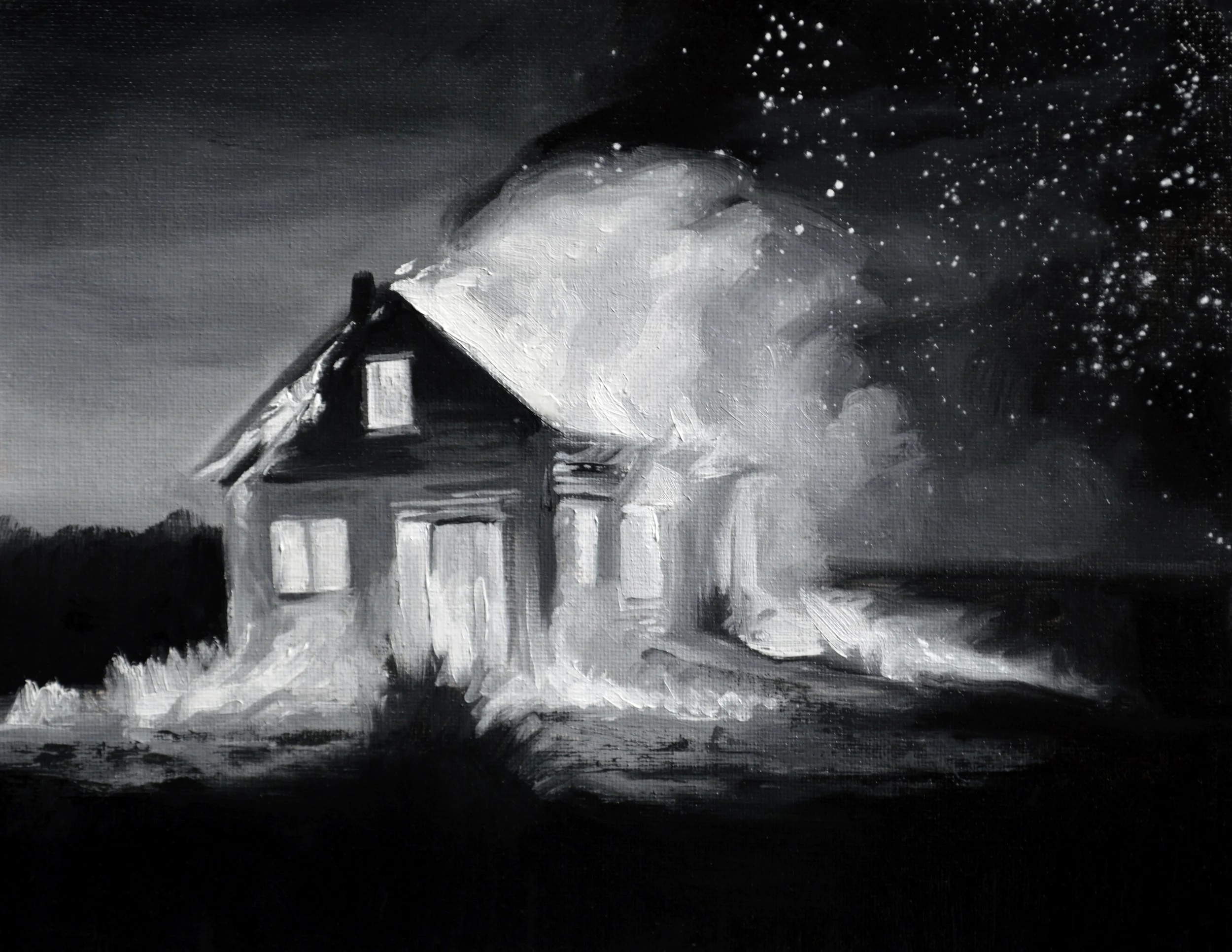 Oil painting of a burning house by William Zwick