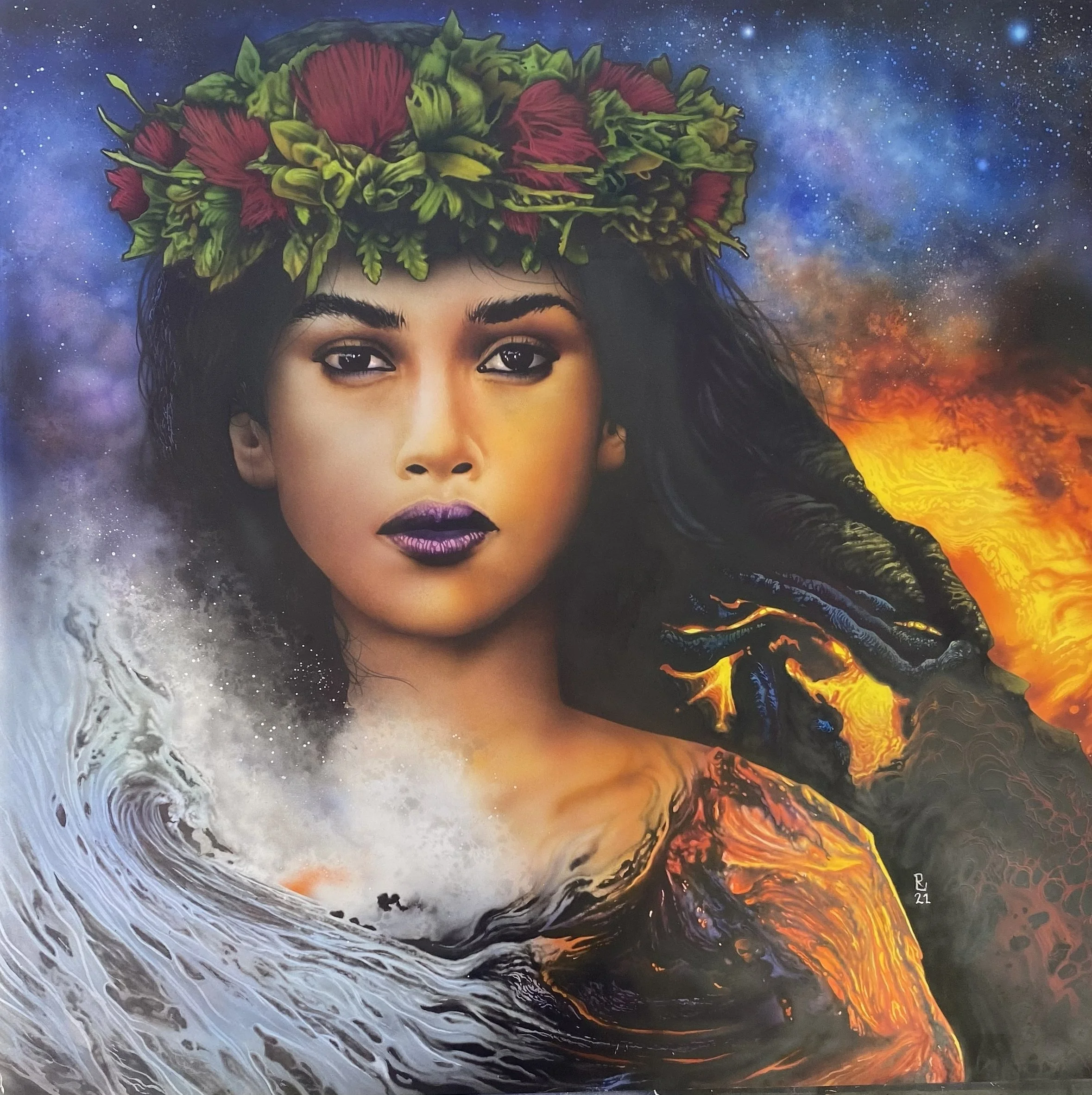 Pele and the creation of life done in acrylics airbrushed by Richie Lucero