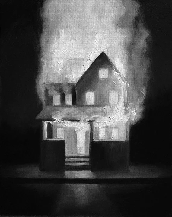 Black and white oil painting of a house on fire with smoke billowing from the roof by William Zwick