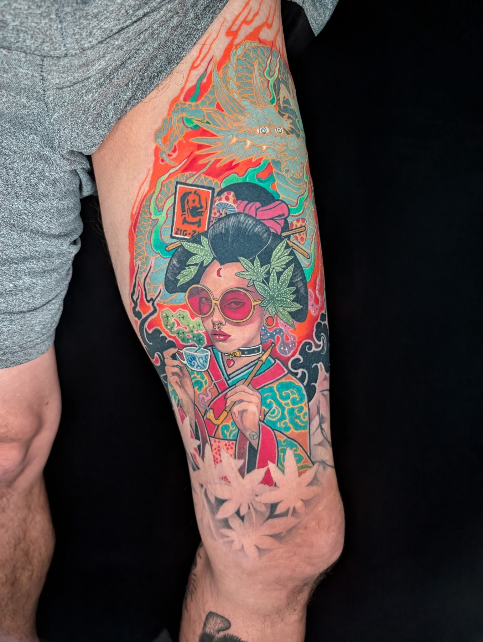 Japanese geisha tattoo in color smoking pot by Zach yokoyama