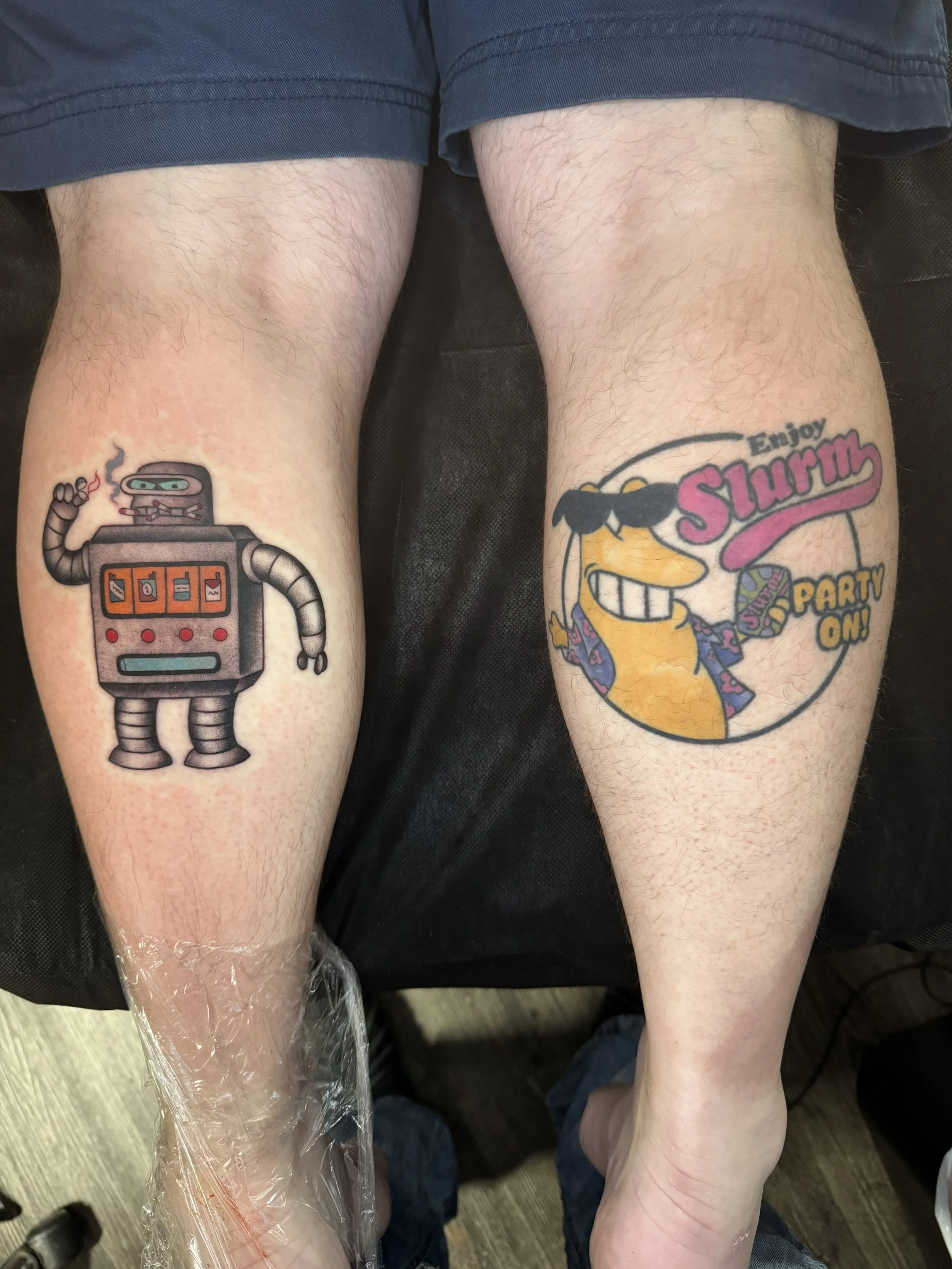 futurama characters tattooed on the calf's in american traditional style