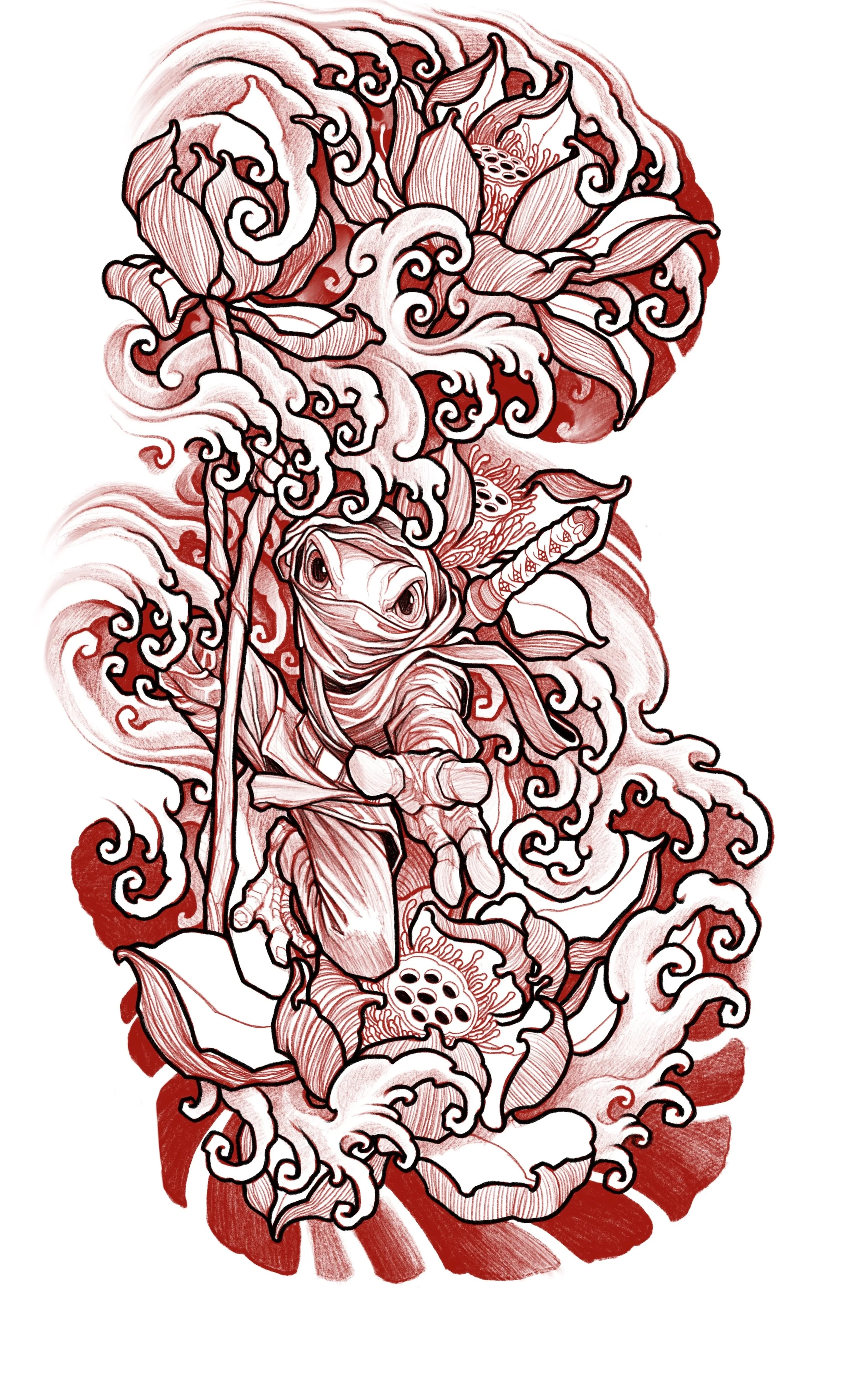 Japanese style design of ninja frog with lotus and waves by Richie Lucero
