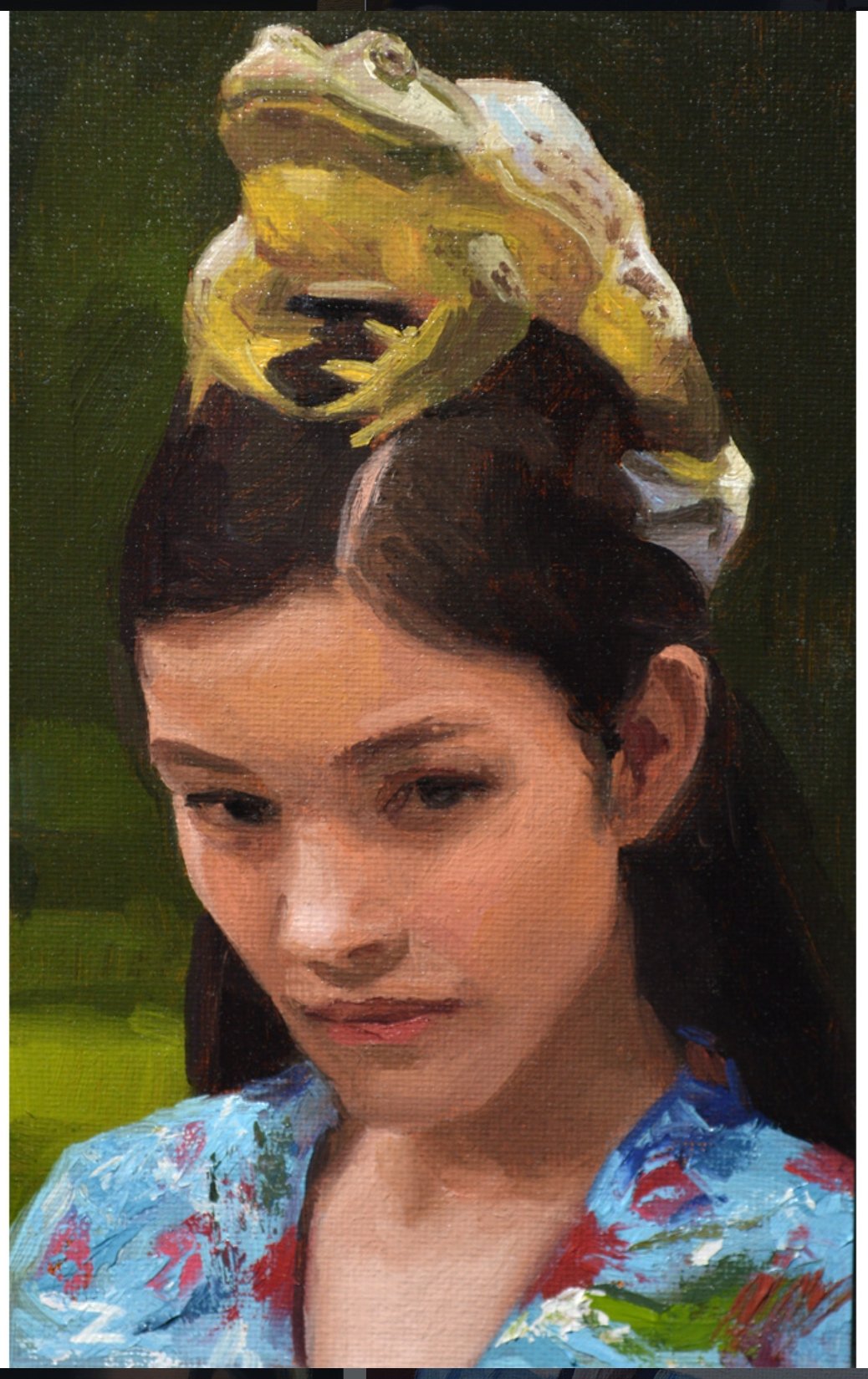 woman with frog on her head painted in oil
