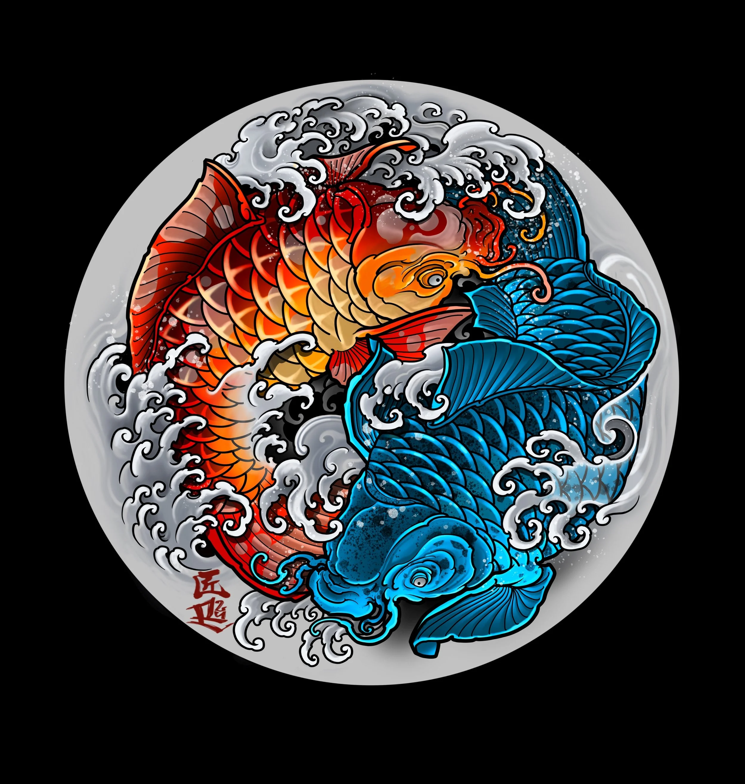 Colorful Japanese-style illustration of koi fish design by Richie Lucero