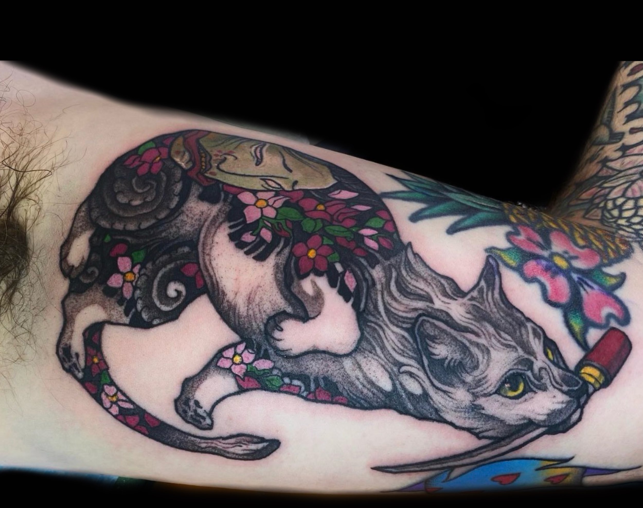 Japanese cat tattooed by Richie Lucero